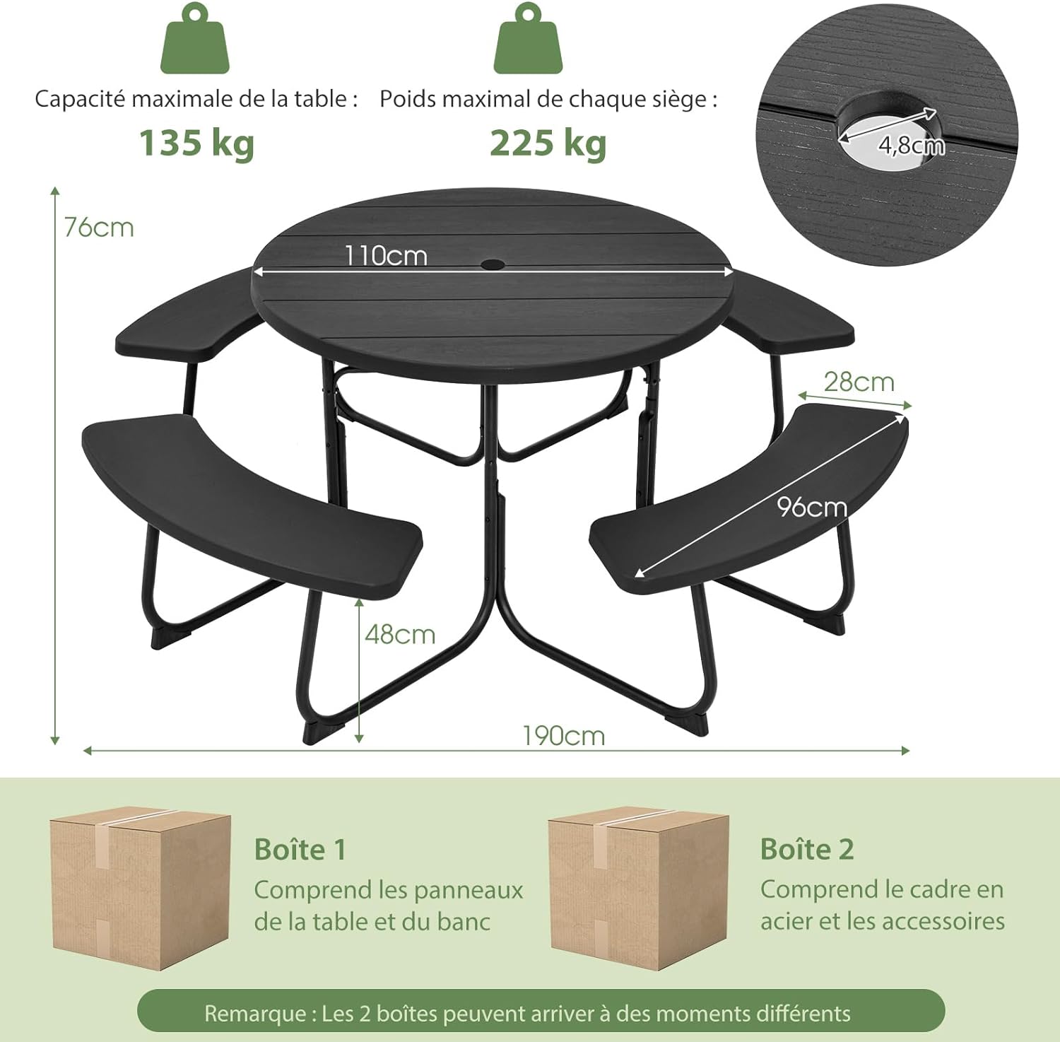 Table de Pique-Nique avec 4 Bancs Intégrés, Trou de Parasol, Cadre en Acier, Plateau HDPE pour 8 Personnes - 3