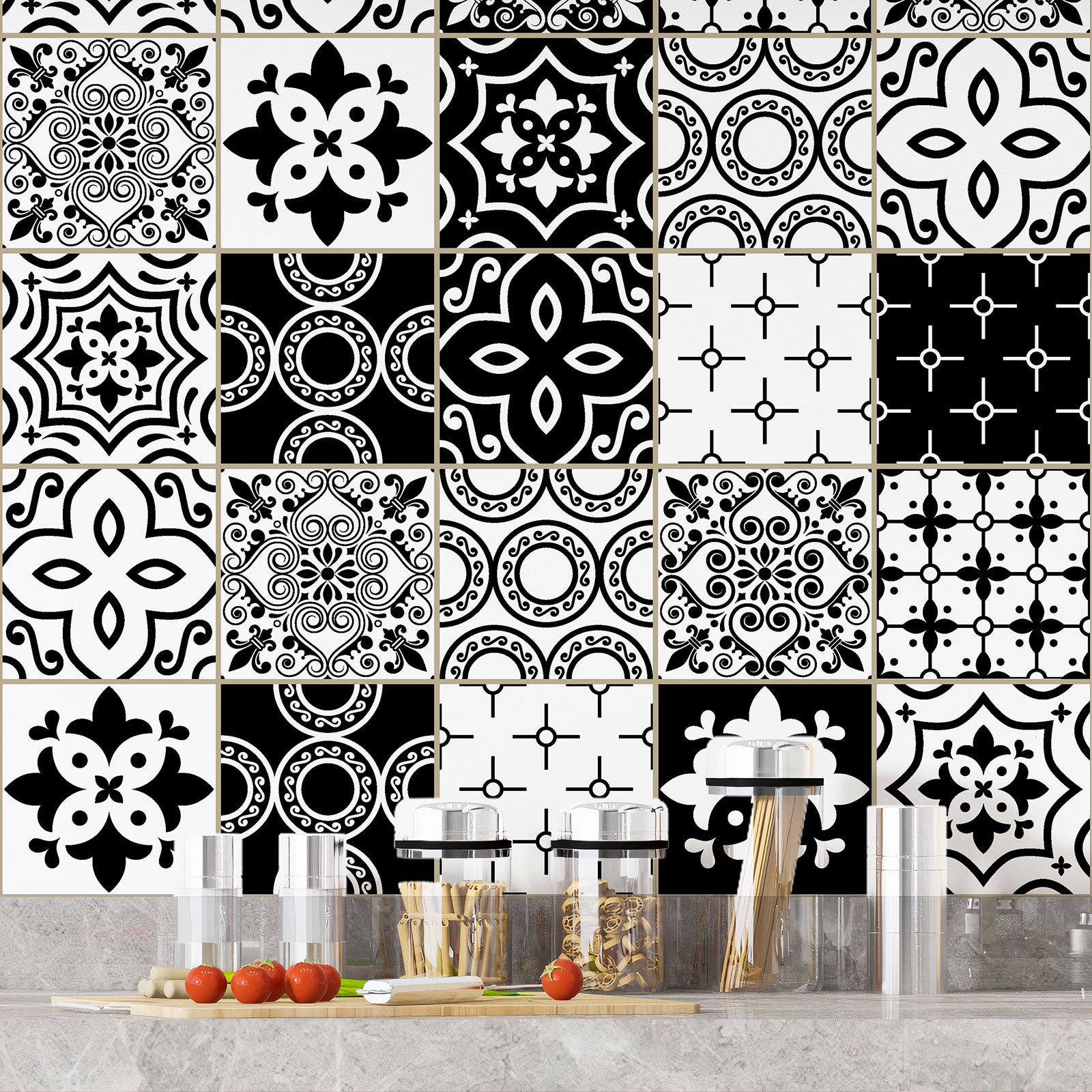 Crédence adhésive sticker décoratif pour cuisine - Effet carreaux de ciment - Adhésif + Protection BRILLANTE - 60x60 cm - 4