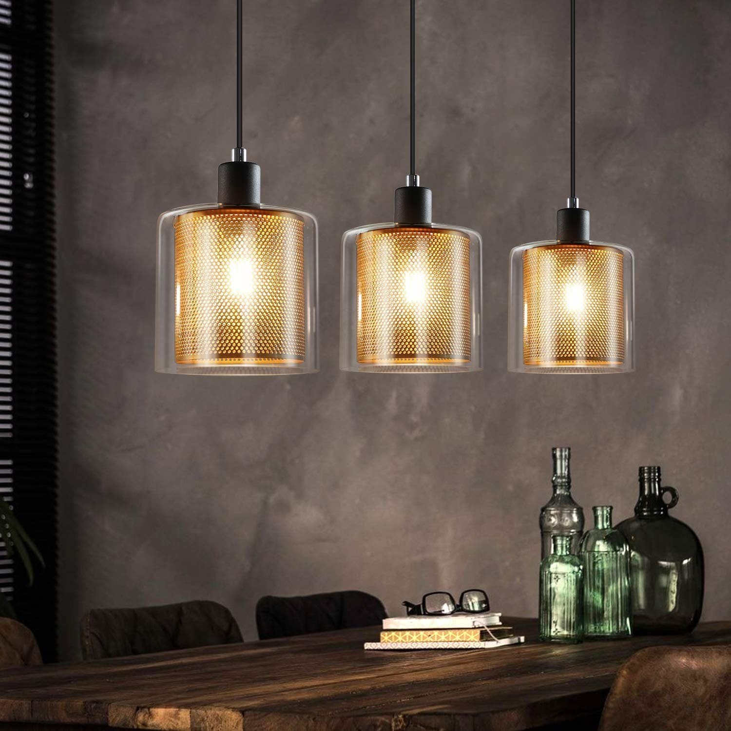 NETTLIFE Czarna złota metalowa lampa wisząca E14 średnica 171,5 cm Vintage Industrial Glass 3-Light Lampa do salonu, biura, jadalni