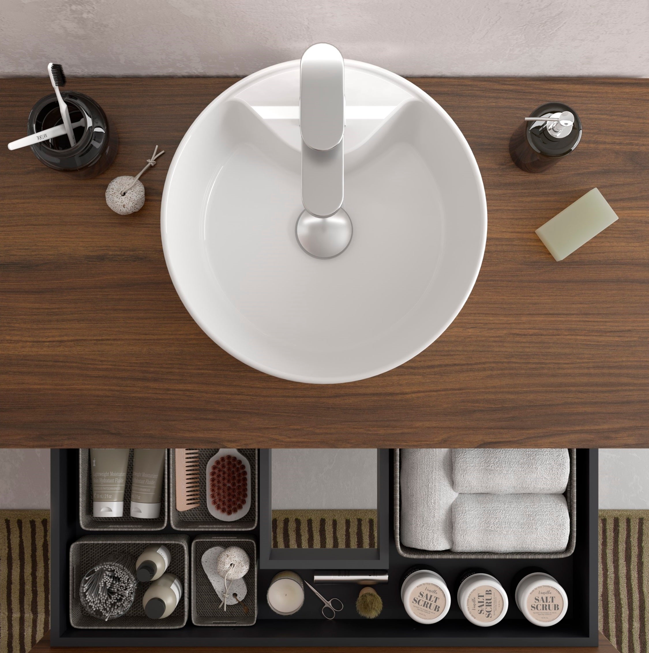 Meuble de salle de bain BEQUIA 100cm Noyer | Avec plan toilette (vasque non incluse) - 4