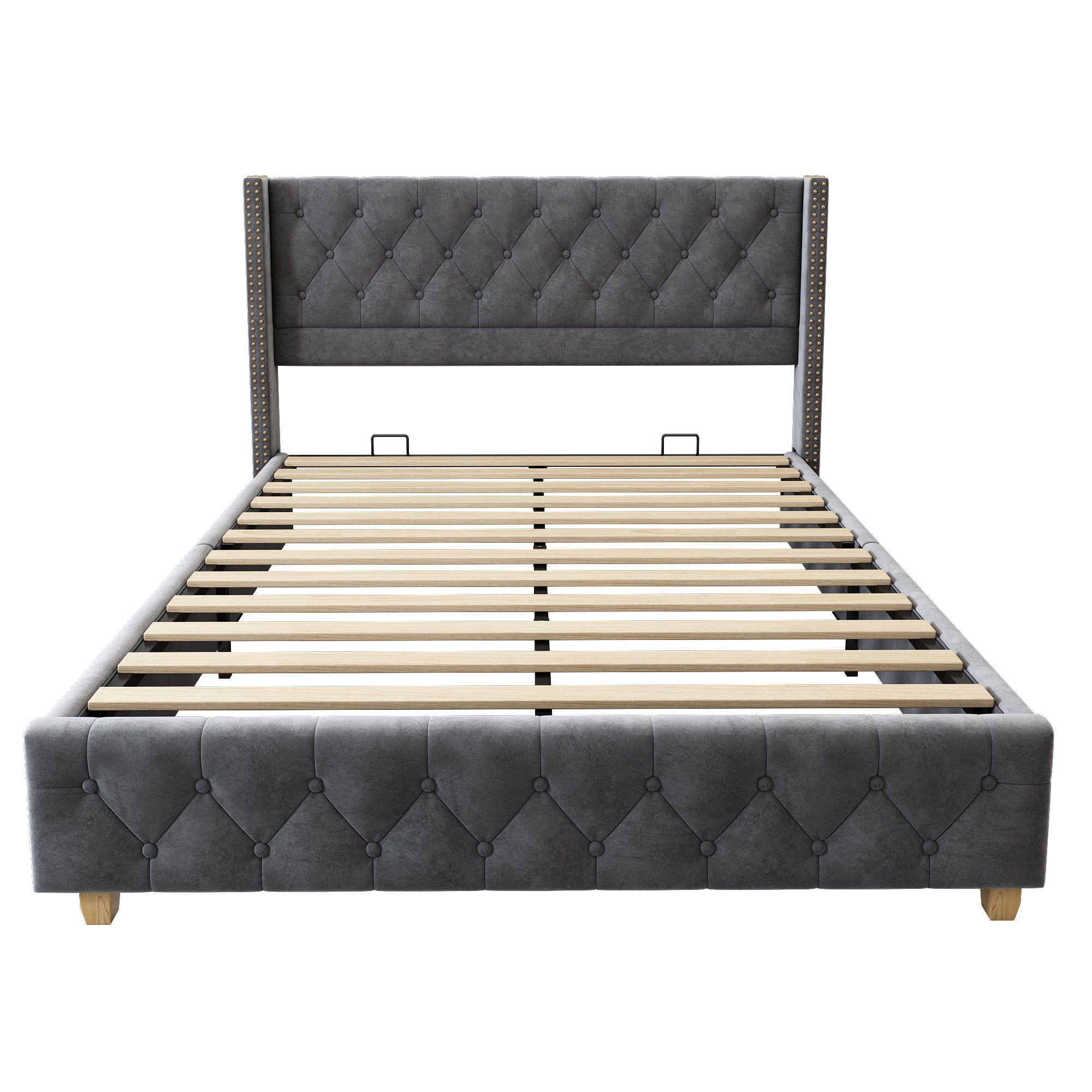 Lit Double 140x190 cm - Lit Classique Gris en Velours avec 12 Lattes - Sans Matelas, 2 Paquets - 6
