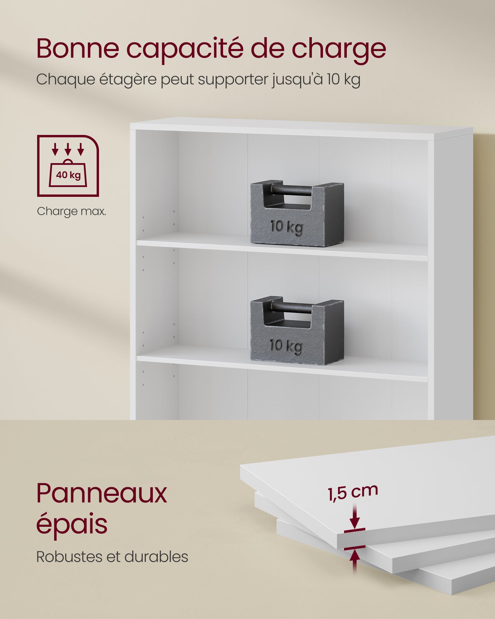 Bibliothèque, Étagère à 3 Niveaux, Meuble de Rangement, avec Étagères Réglables en Hauteur, 80 x 24 x 93 cm, Blanc - 7