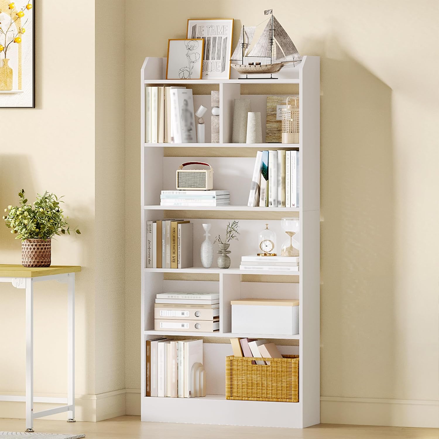 Librería Estantería Biblioteca 6 Compartimentos, Libreria Blanca para Exposición, para Oficina, Salón, 24 x 80 x 170 cm, Blanco - 2
