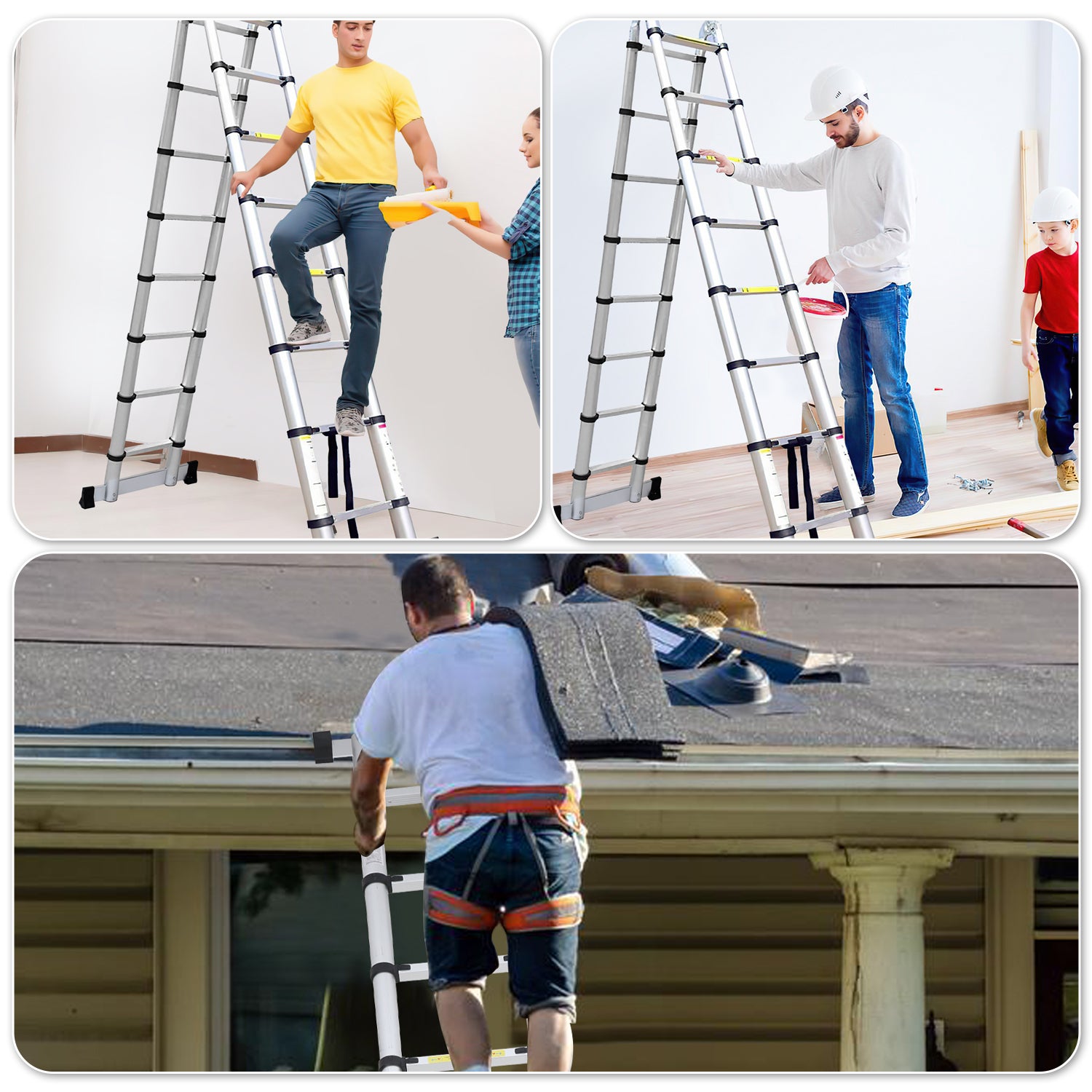 Aluminium Échelle pliante 2,5m+2,5m Télescopique Pliable avec Mains Courantes Amovibles, Éxtensible Échelle Droite Simple, Charge max 150 kg - 9