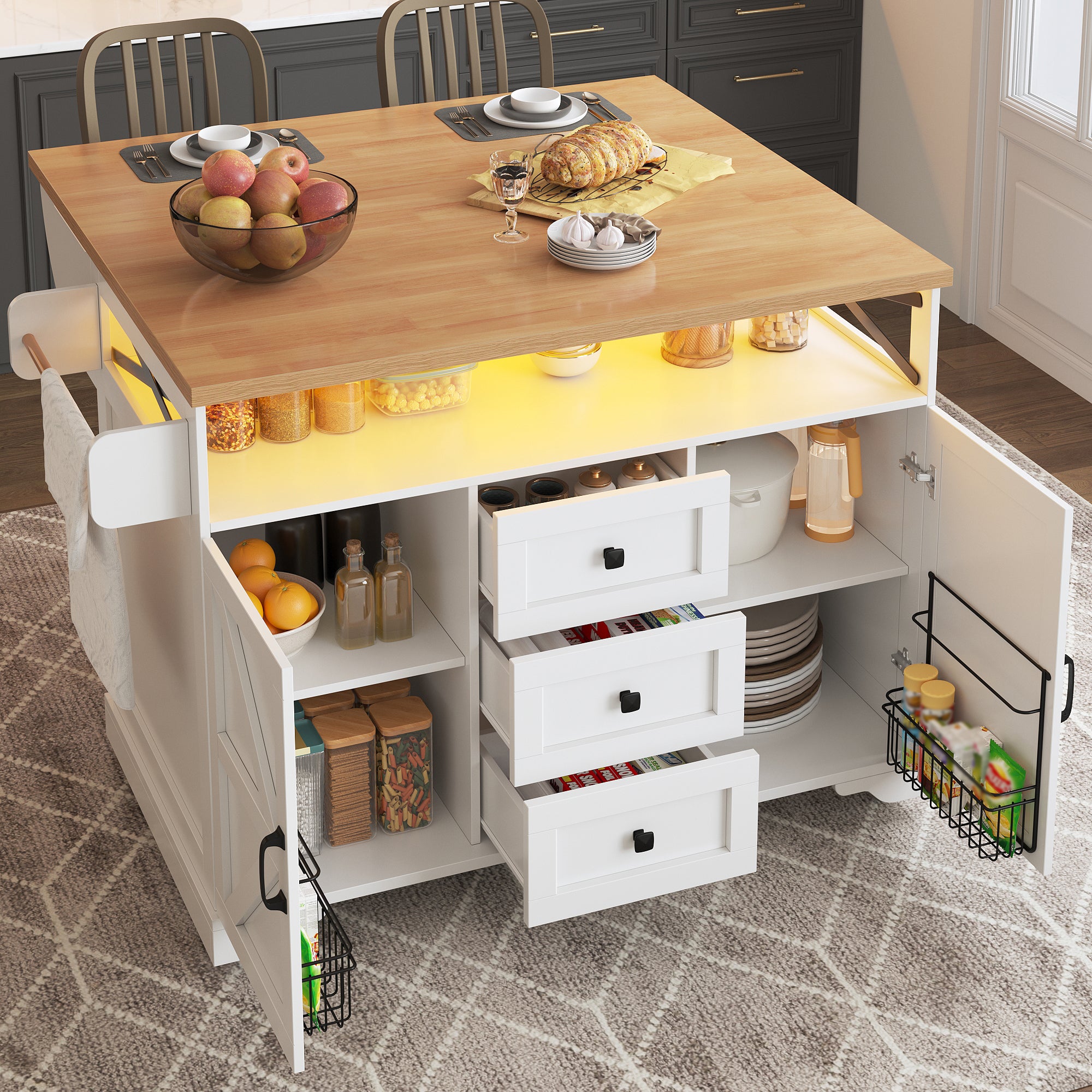 Isla de cocina 120x43-71x98 cm, tablero abatible con led, estructura de metal, blanco y madera
