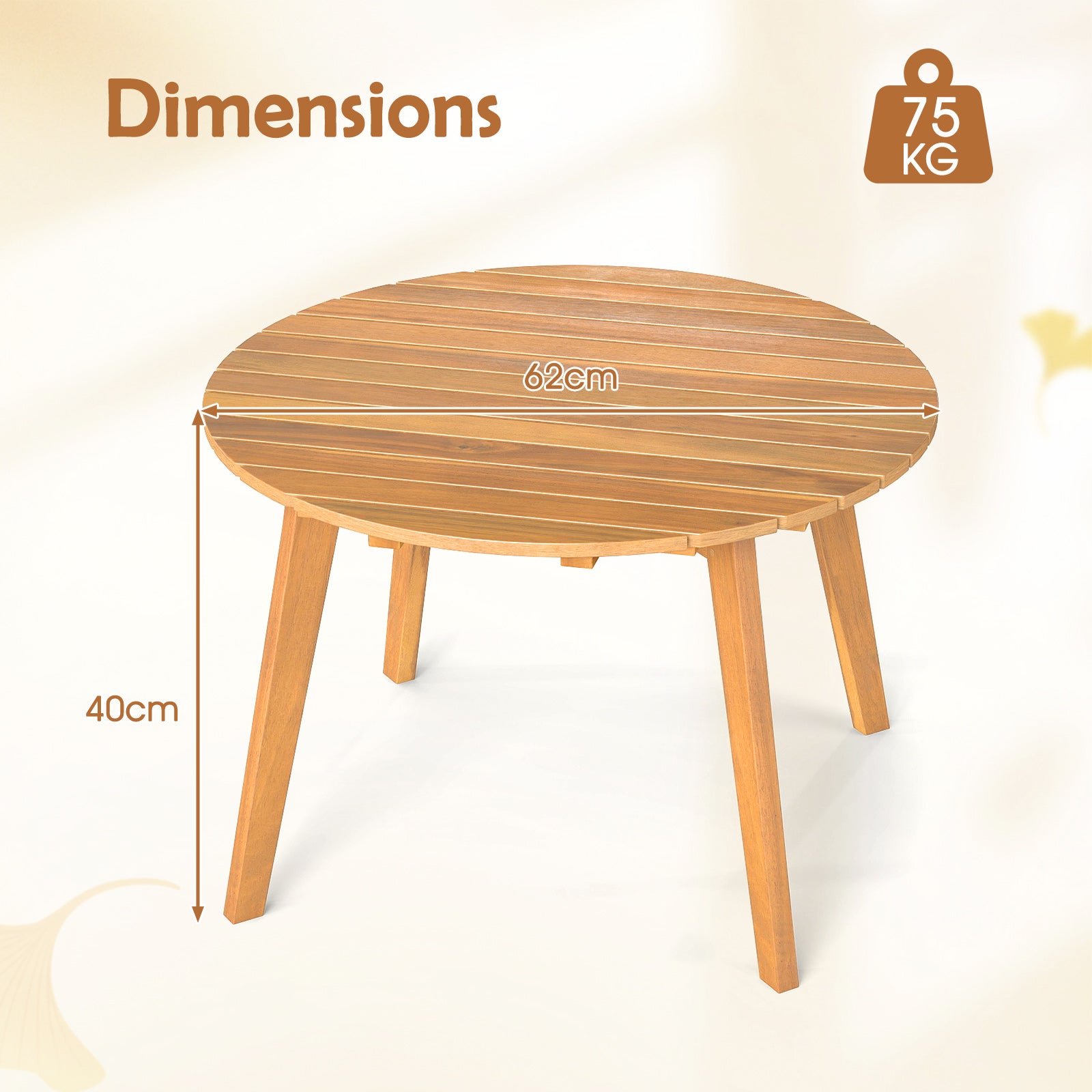 Table Basse Jardin en Bois d'Acacia, Table d'Appoint Ronde avec Plateau à Lattes&Structure Renforcée X, Montage Simple, Charge 75kg, 62x62x40cm - 4