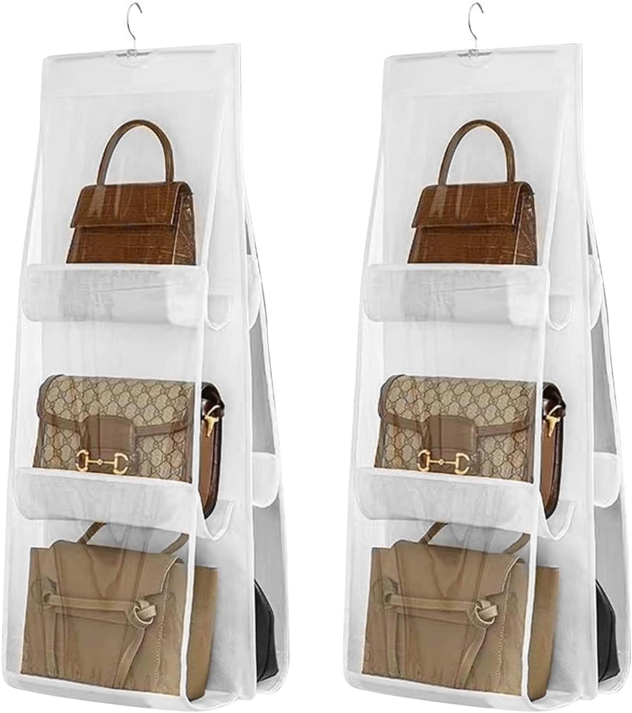 Zestaw 2 wiszących toreb do przechowywania, składany, z 6 przezroczystymi przegródkami, idealny do szaf, schowków i sypialni, biały