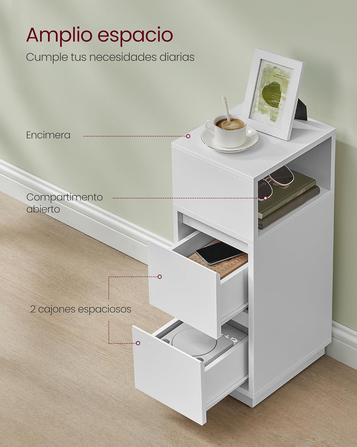 Mesita de Noche Estrecha, Mesa Auxiliar con 2 Cajones y Compartimento Abierto, Encajable a la Izquierda o a la Derecha, Dormitorio, Salón, Blanco Nube - 4