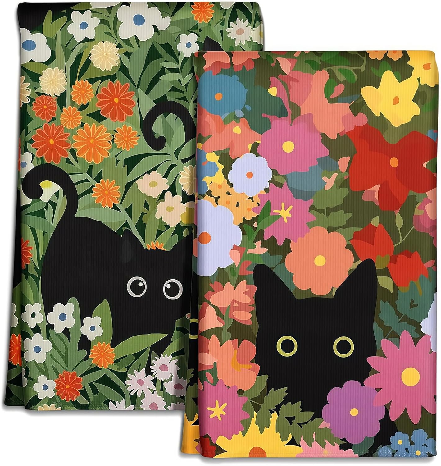 ręczniki kuchenne 45 x 66 cm, ręczniki wiosenne z motywem kota i kwiatów, miękkie i chłonne, estetyczny design, akcesoria kuchenne