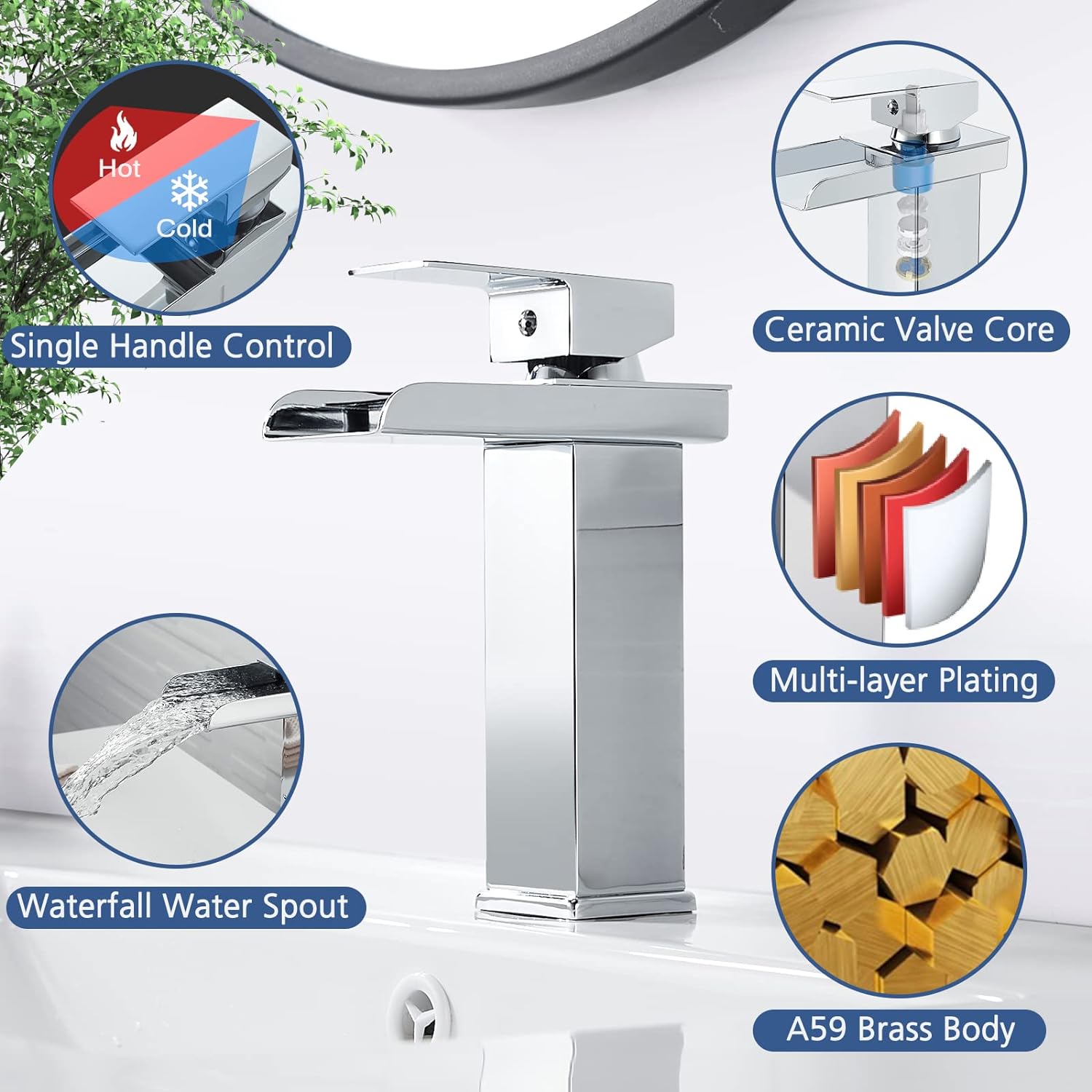 Robinet Salle de Bain Cascade, MitigEU Lavabo Chromé, Ultra-Large 6cm, Eau Froide & Chaude Disponible, Acier Inoxydable, Valve en Céramique - 7