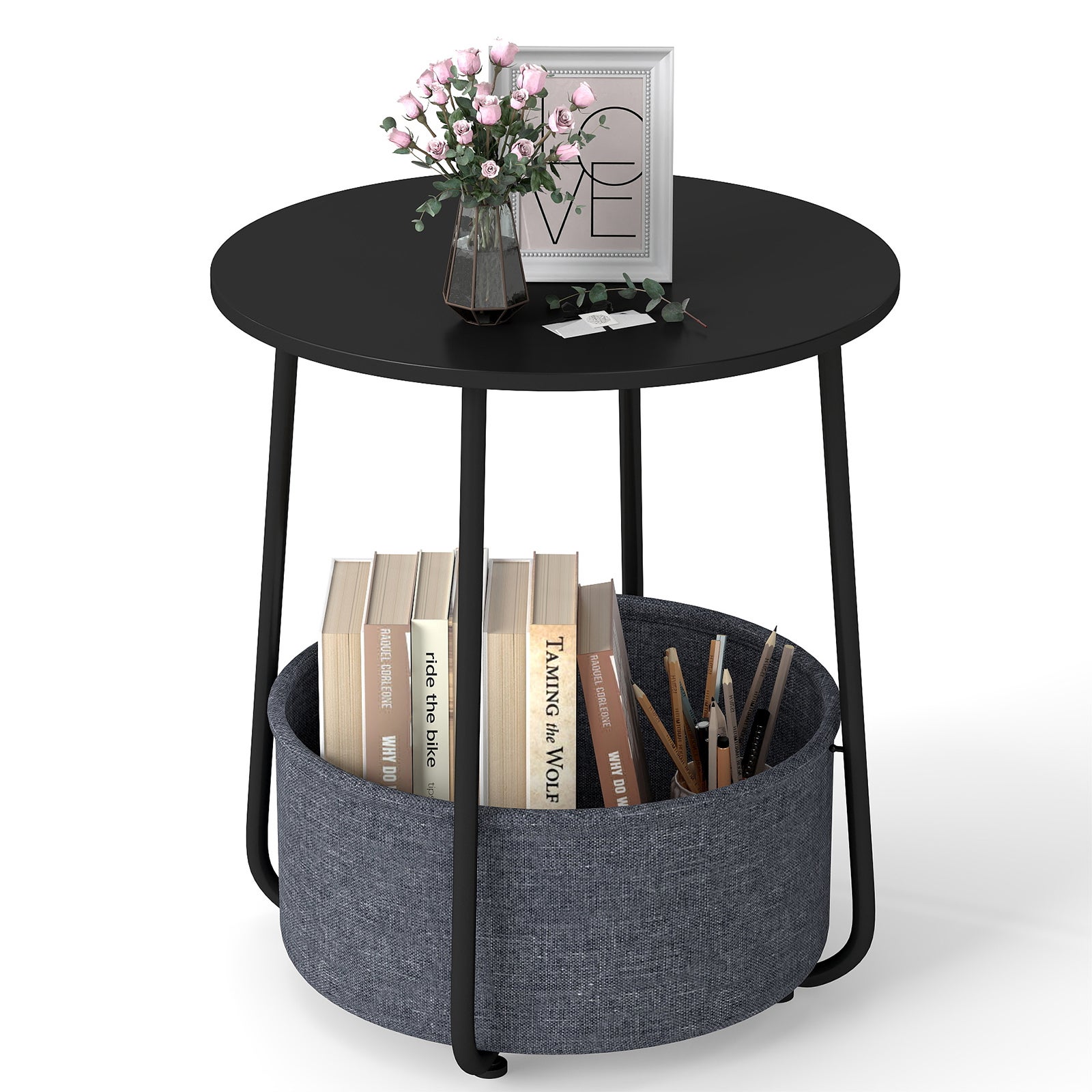 Petite Table Basse Ronde avec Panier en Tissu, Table d'Appoint avec ...