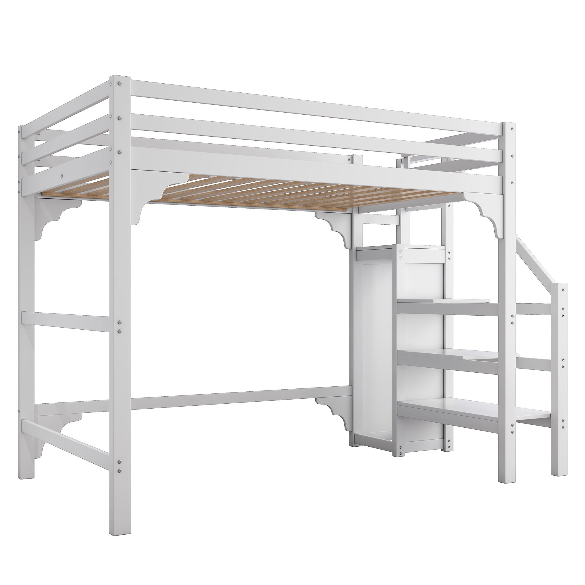 Lit mezzanine 140x200 cm, lit ados avec marches, armoire, blanc, sans matelas - 7