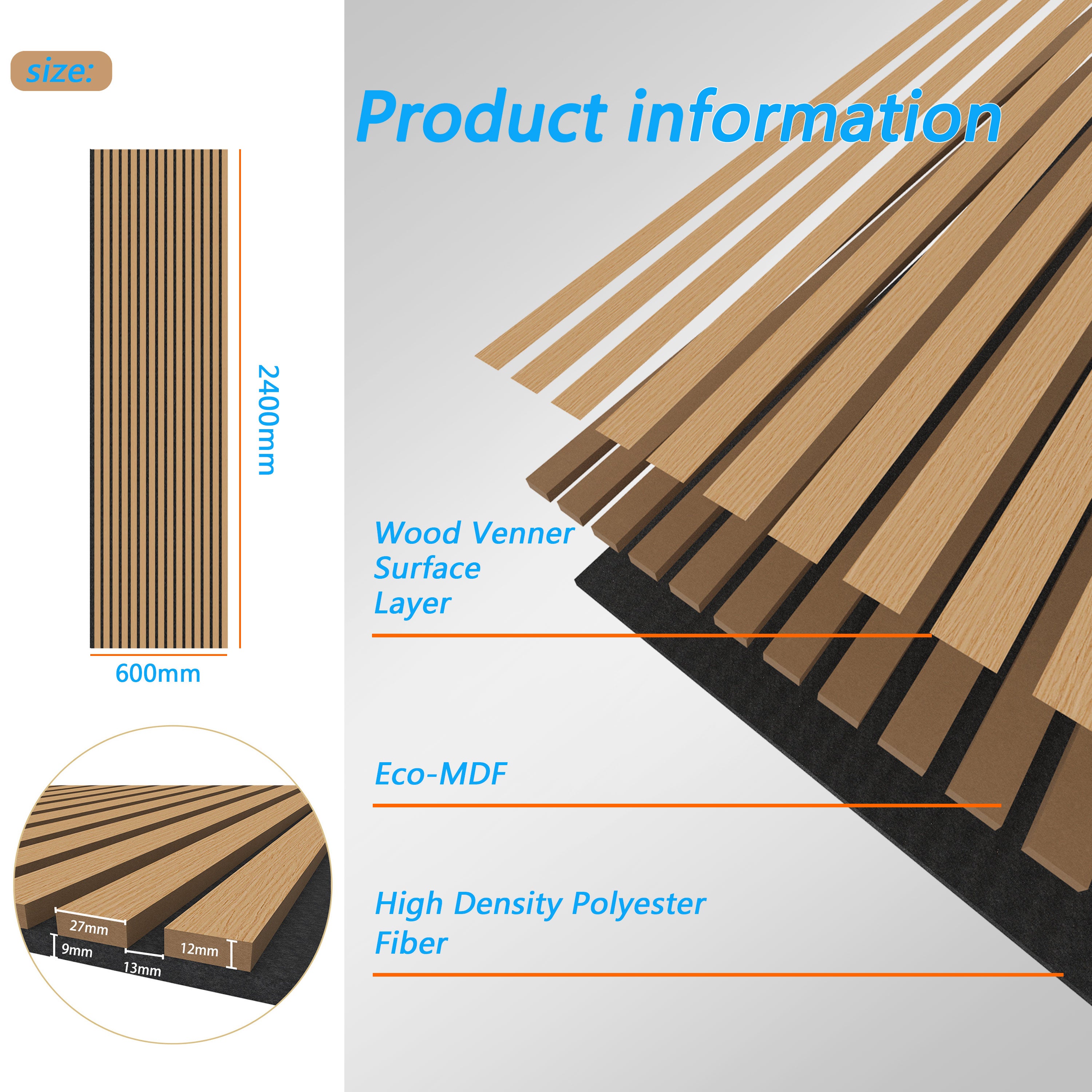 Lot de 2 panneaux muraux acoustiques décoratifs en bois MDF 240 x 60 cm, finition chêne foncé, excellente isolation acoustique, installation simple - 3