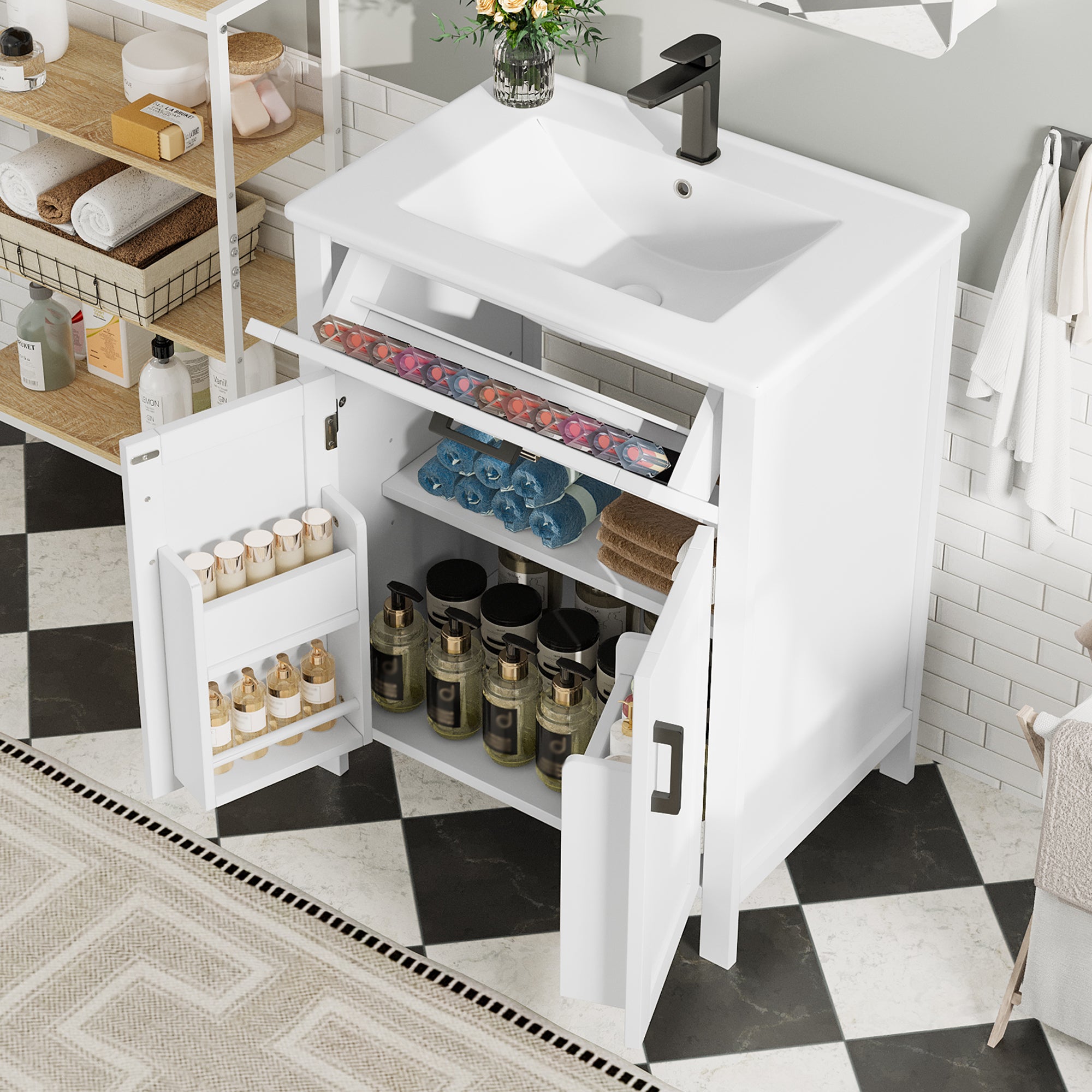 Meuble de salle de bain sur pied - avec une vasque en céramique - 2 portes - 60x46x85cm - Blanc(robinet non inclus) - 3