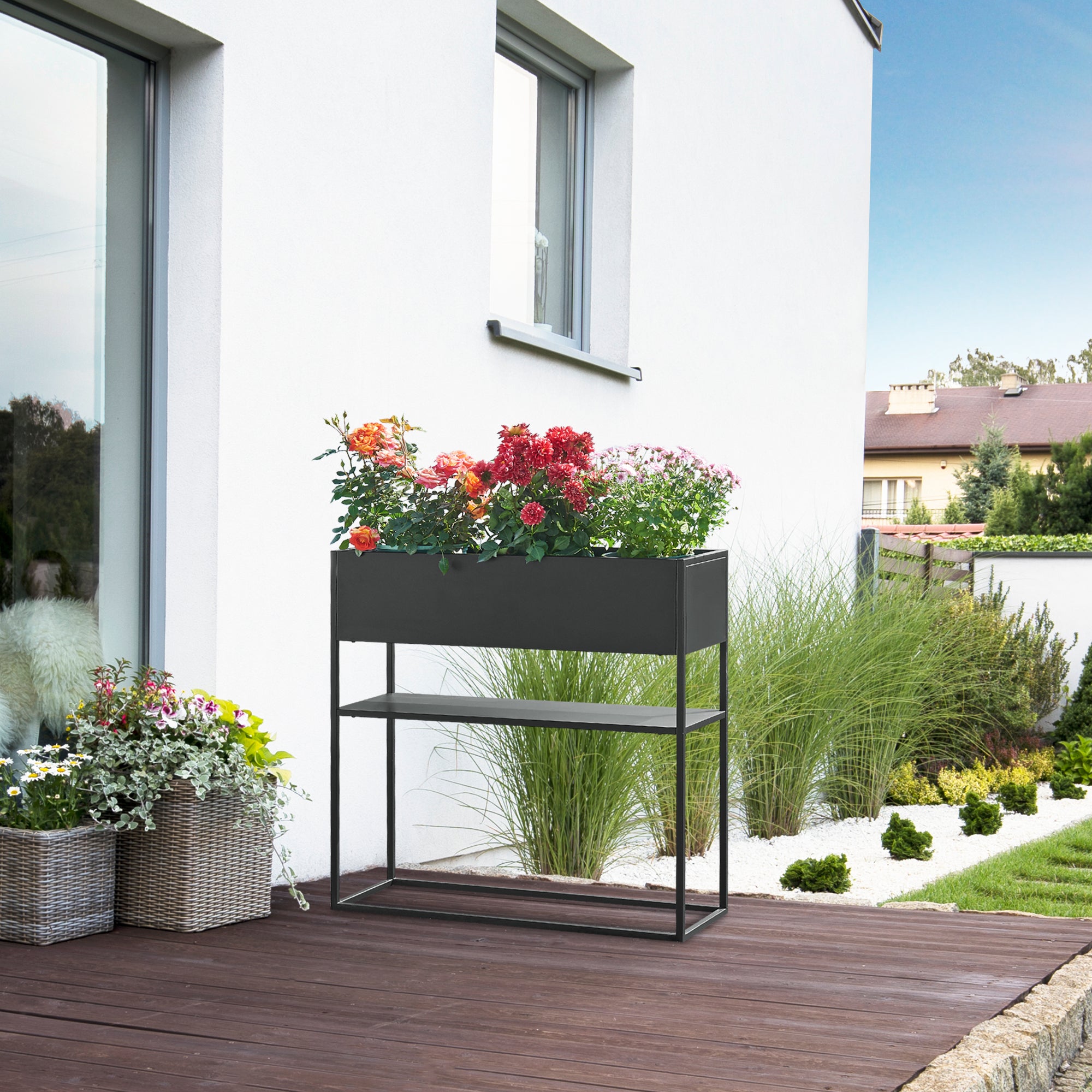 Porte-plantes surélevé Joensuu avec étagère 80 x 80 x 25 cm noir [en.casa] - 6