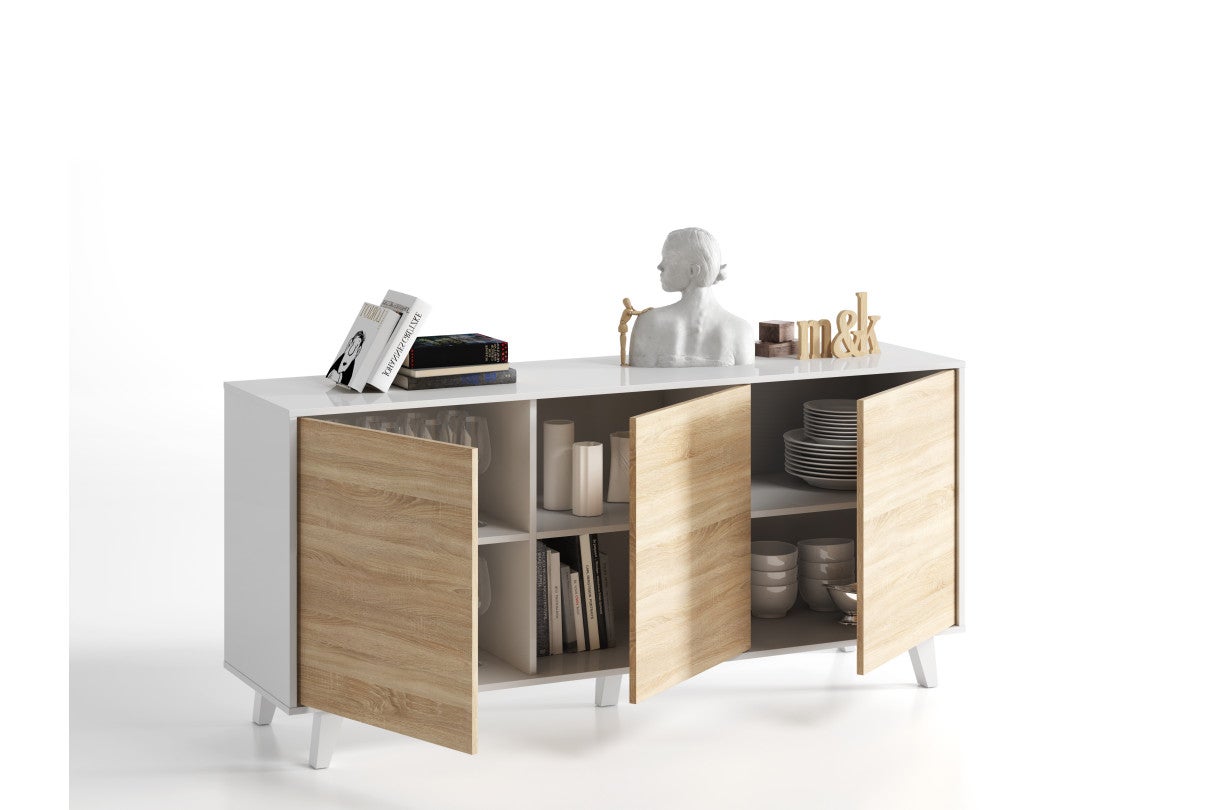 Buffet scandinave ABBY 3 portes L154cm - Blanc / Bois - 8