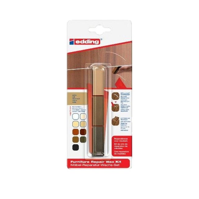Edding 8901 - Kit de cires de restauration pour meubles - Blister de 3 - Teinte Chêne pour réparer les rayures et les trous