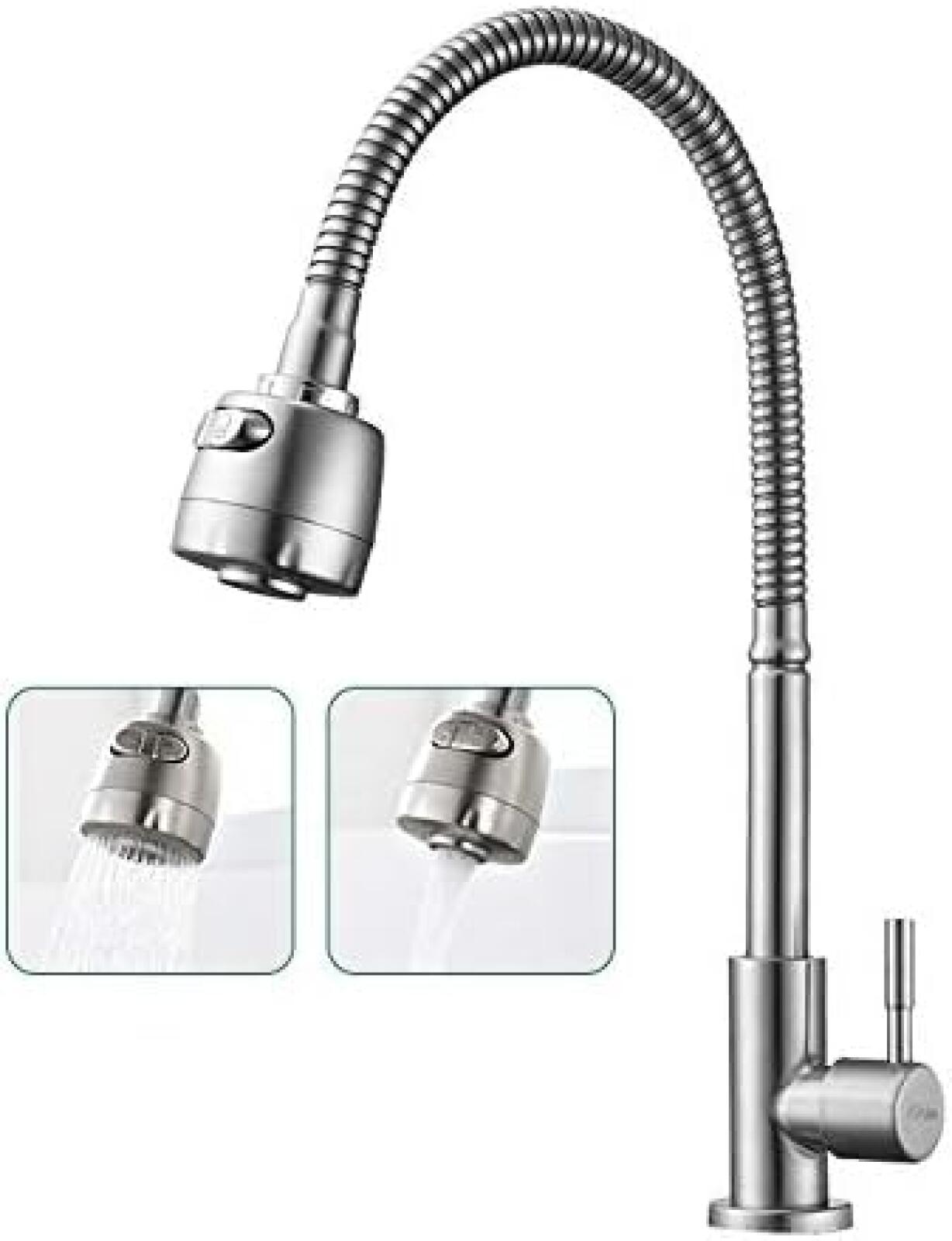 Bateria kuchenna obrotowa 360° z wężem sprężynowym, bateria zlewozmywakowa, wylewka dwufunkcyjna, pojedynczy kran z zimną wodą, stal nierdzewna