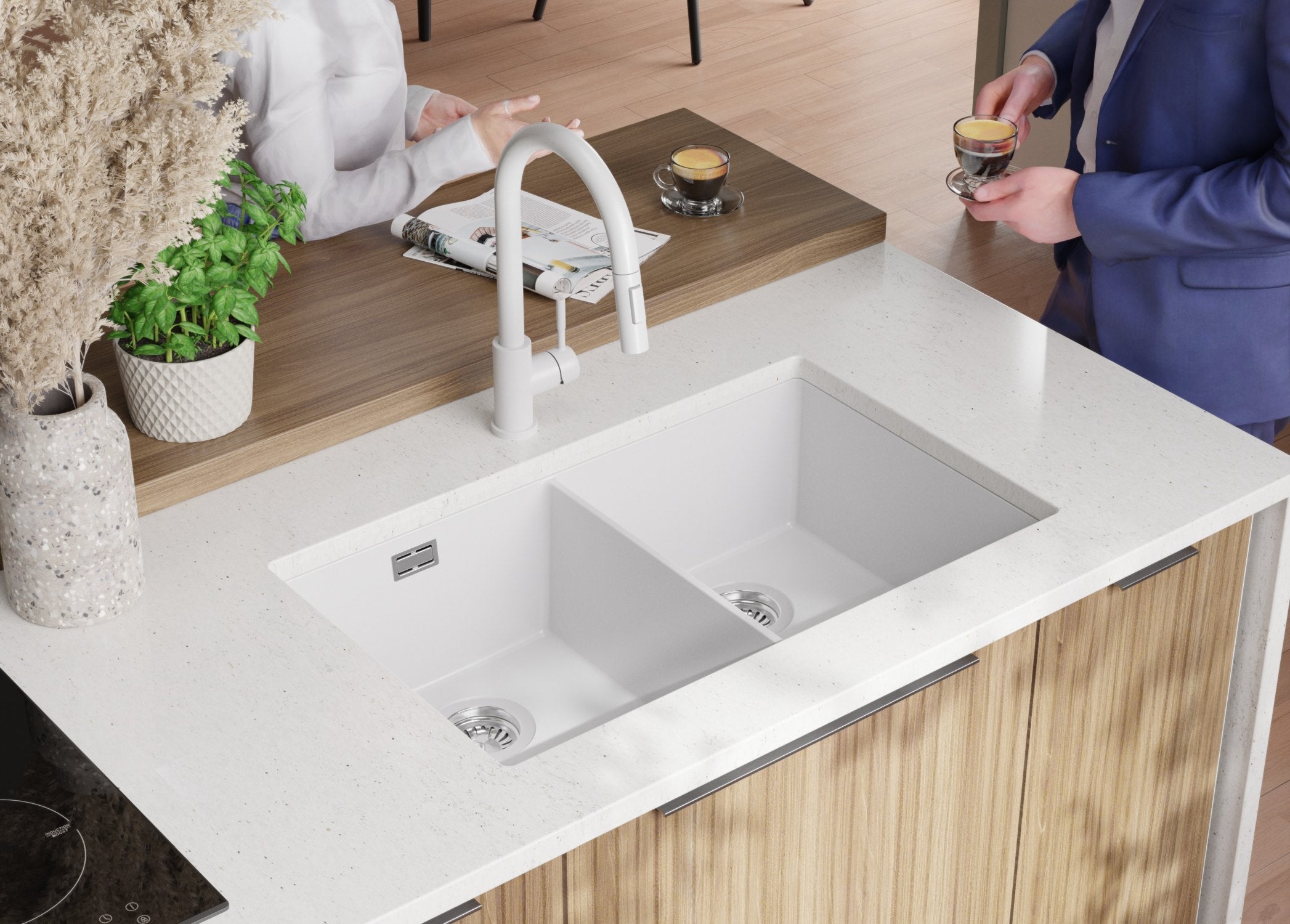 Lava-louça de encastrar Branco 76x47cm, Pia de Cozinha 2 cubas + Kit de drenagem, Pia em Granito em armários de 80cm - Madrid PRIMAGRAN - 4