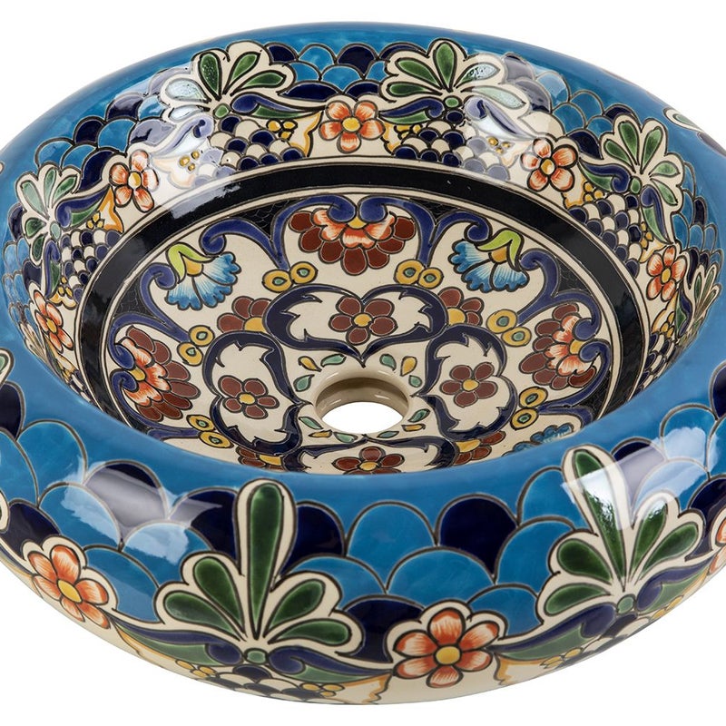 Meksykańska ceramiczna umywalka nablatowa z reliefem La Reina Prima – okrągła umywalka łazienkowa 40 x 13,5 cm | Umywalka z motywami Talavera