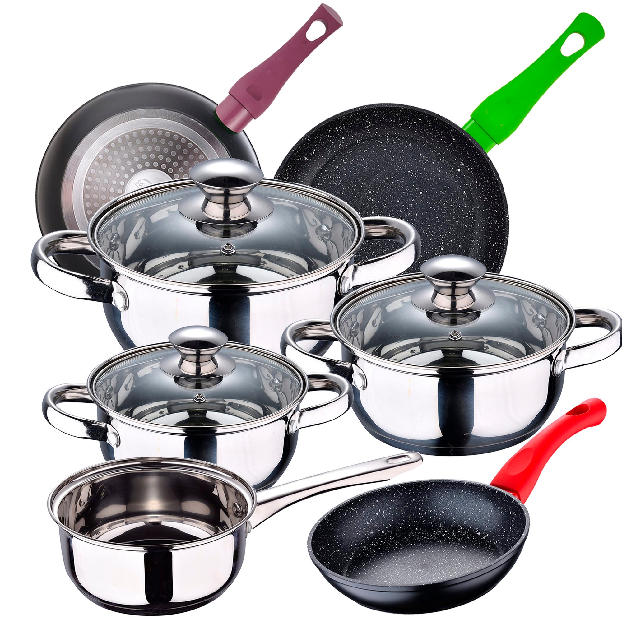 CAROTE Set Poele Et Casserole Induction 14 Pièces, Poele 24cm, Casserole 1,7/2,3/4L, Sauteuse 4 3l Batterie De Cuisine Avec Couvercle Revetement Antiadhesif Spatule Pince Cuisine Protege Poele