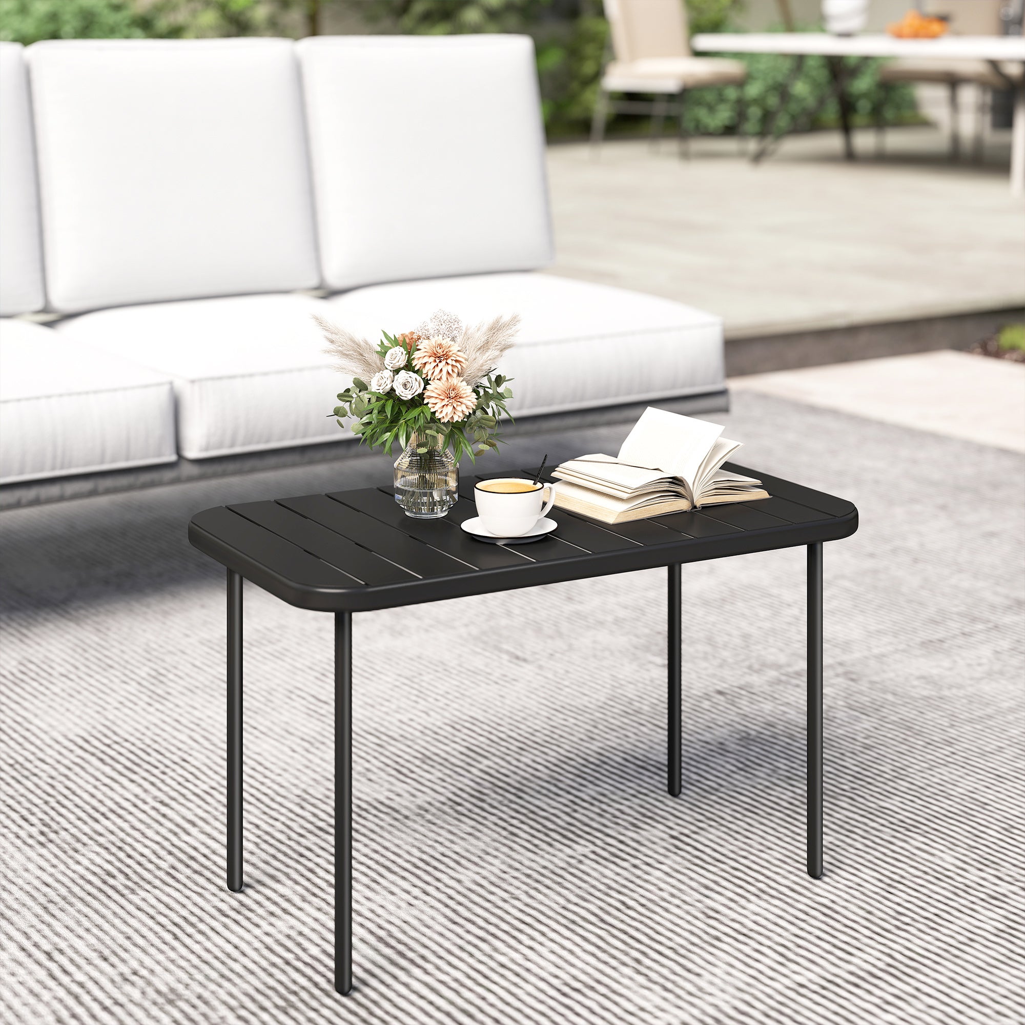Table basse d'extérieur, table de patio rectangulaire en métal résistant aux intempéries avec plateau à lattes pour une utilisation en extérieur - 4