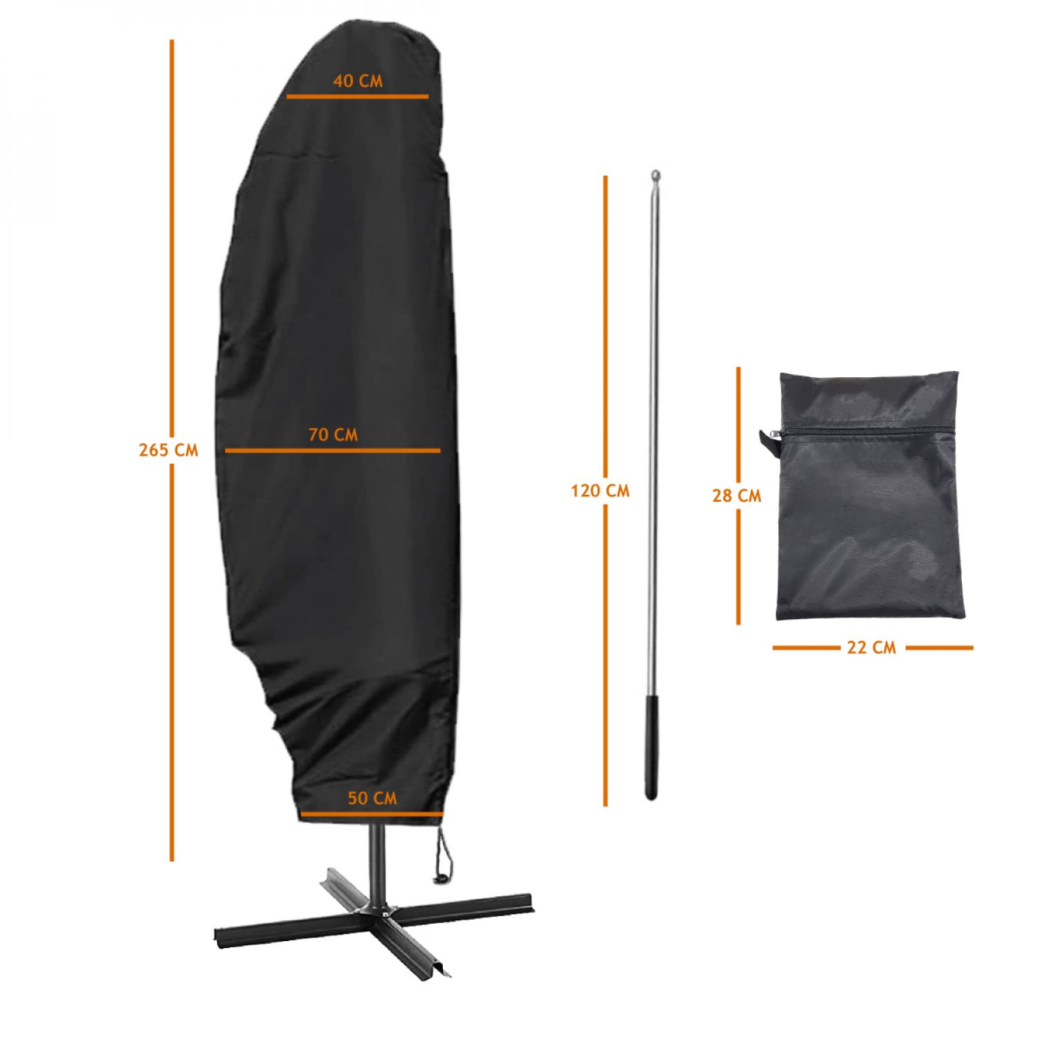 Housse de protection imperméable et anti-uv pour parasol déporté - 265 x 40 - 70 - 50 cm - Noir - Linxor - 2