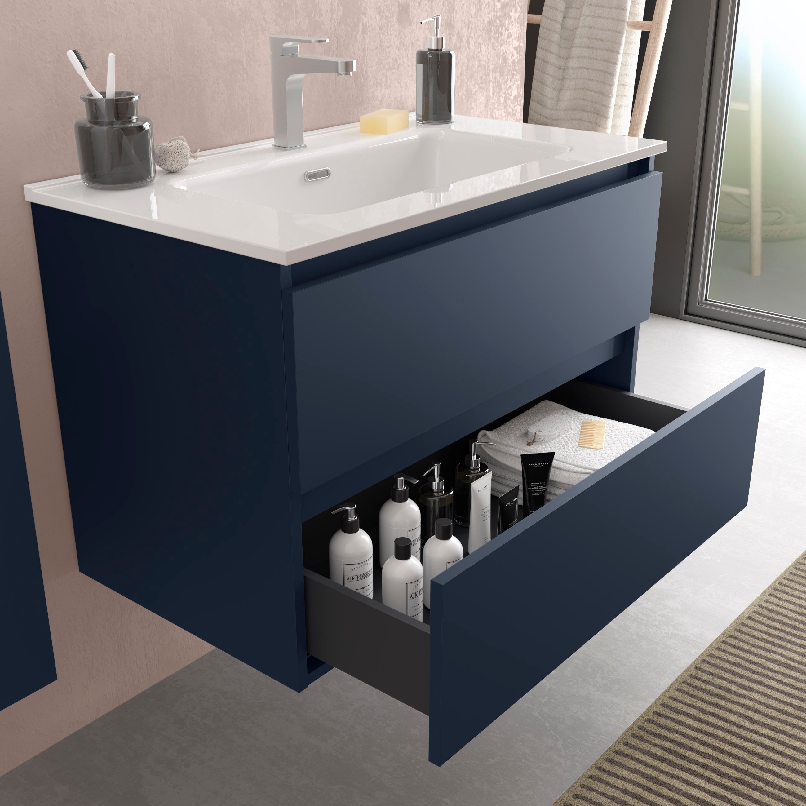 Mueble de Baño BEQUIA Azul mate 100cm 2 cajones Lavabo 1 poza Porcelana ...