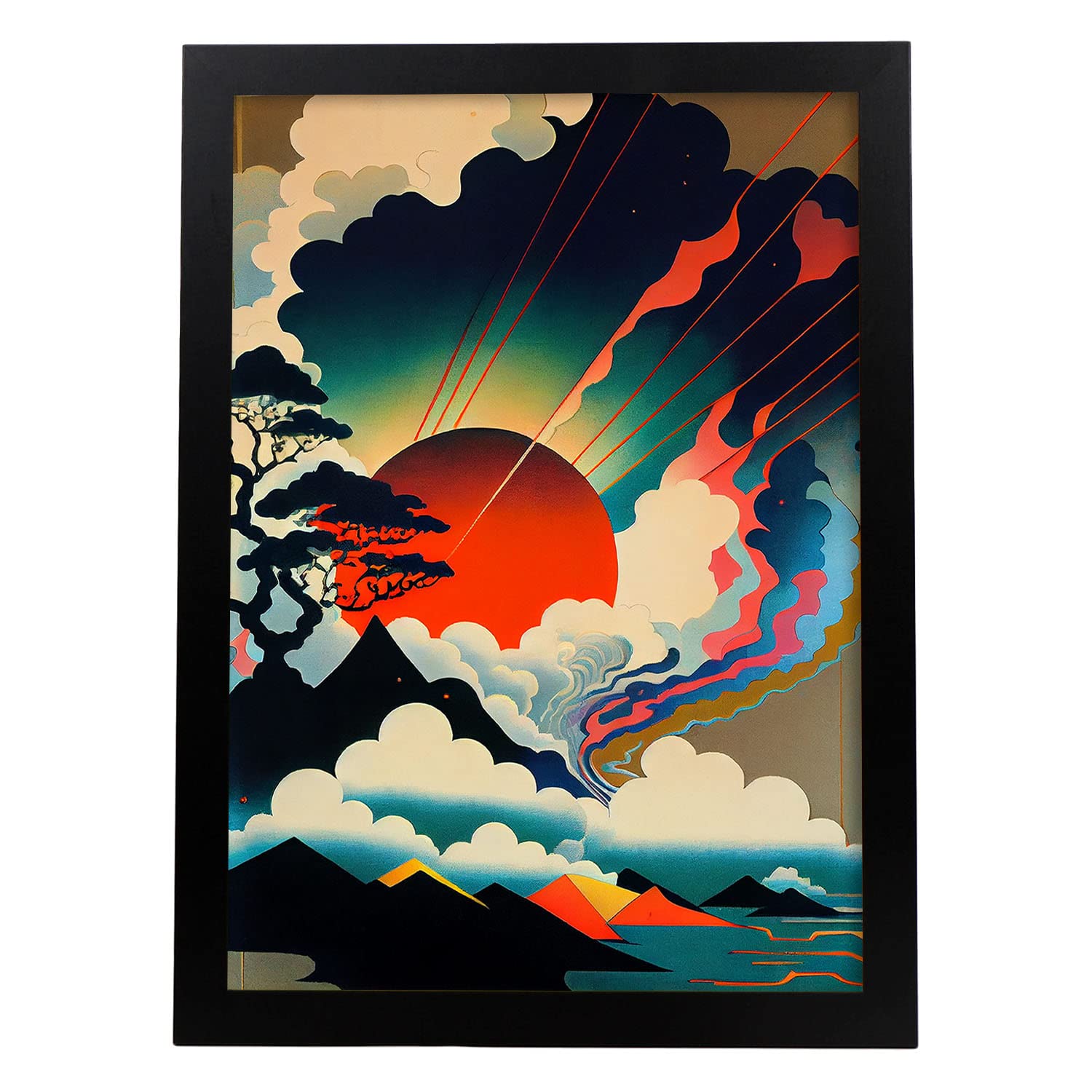 Nacnic poster amanecer en el estilo de arte japonés ukiyo paisajes abstractos y surrealistas en ilustraciones de arte oriental a3 marco negro