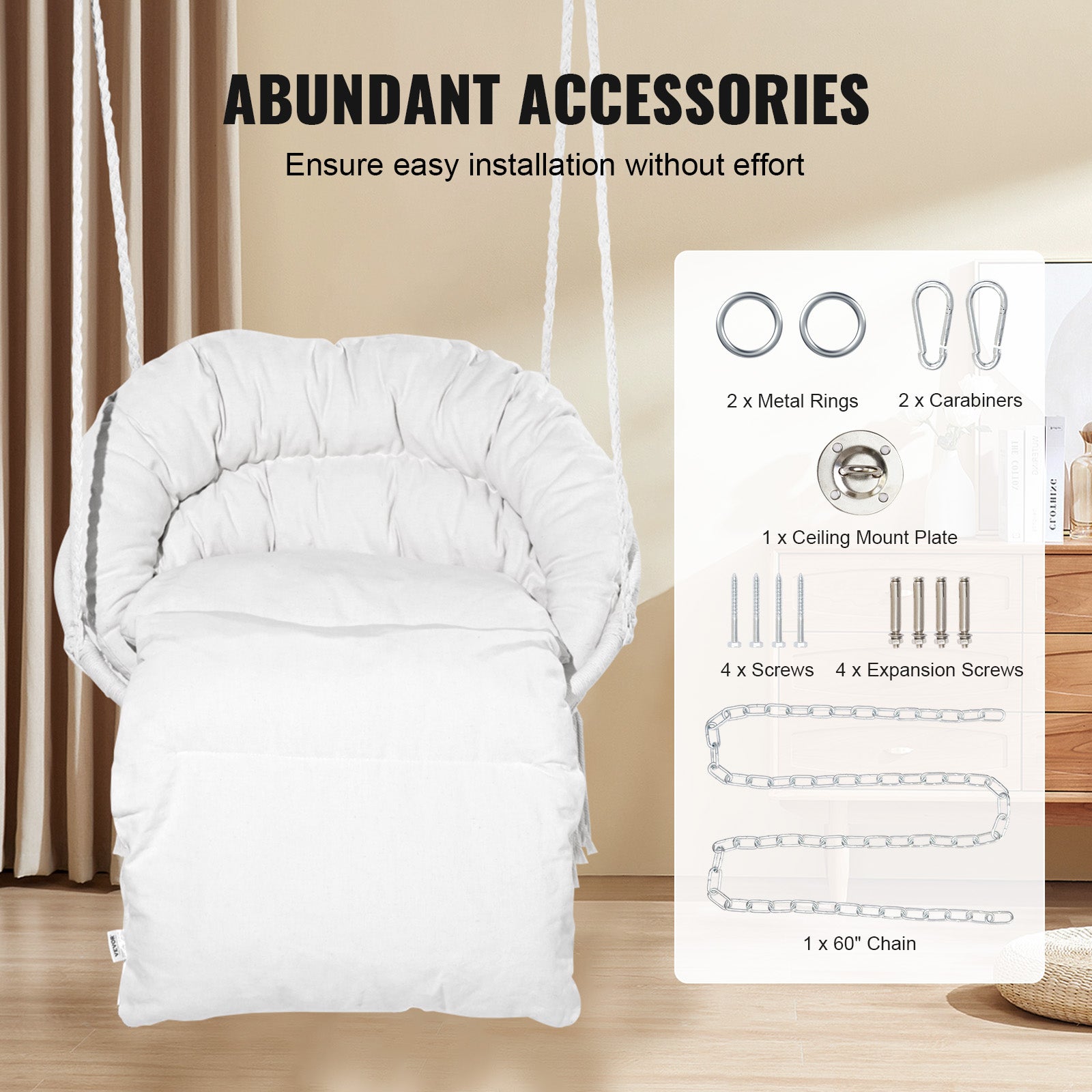 Fauteuil suspendu,VEVOR 150 kg,chaise suspendue pivotante macramé,coussin,matériel montage,corde en coton,chaise relax à franges,pour chambre - 5