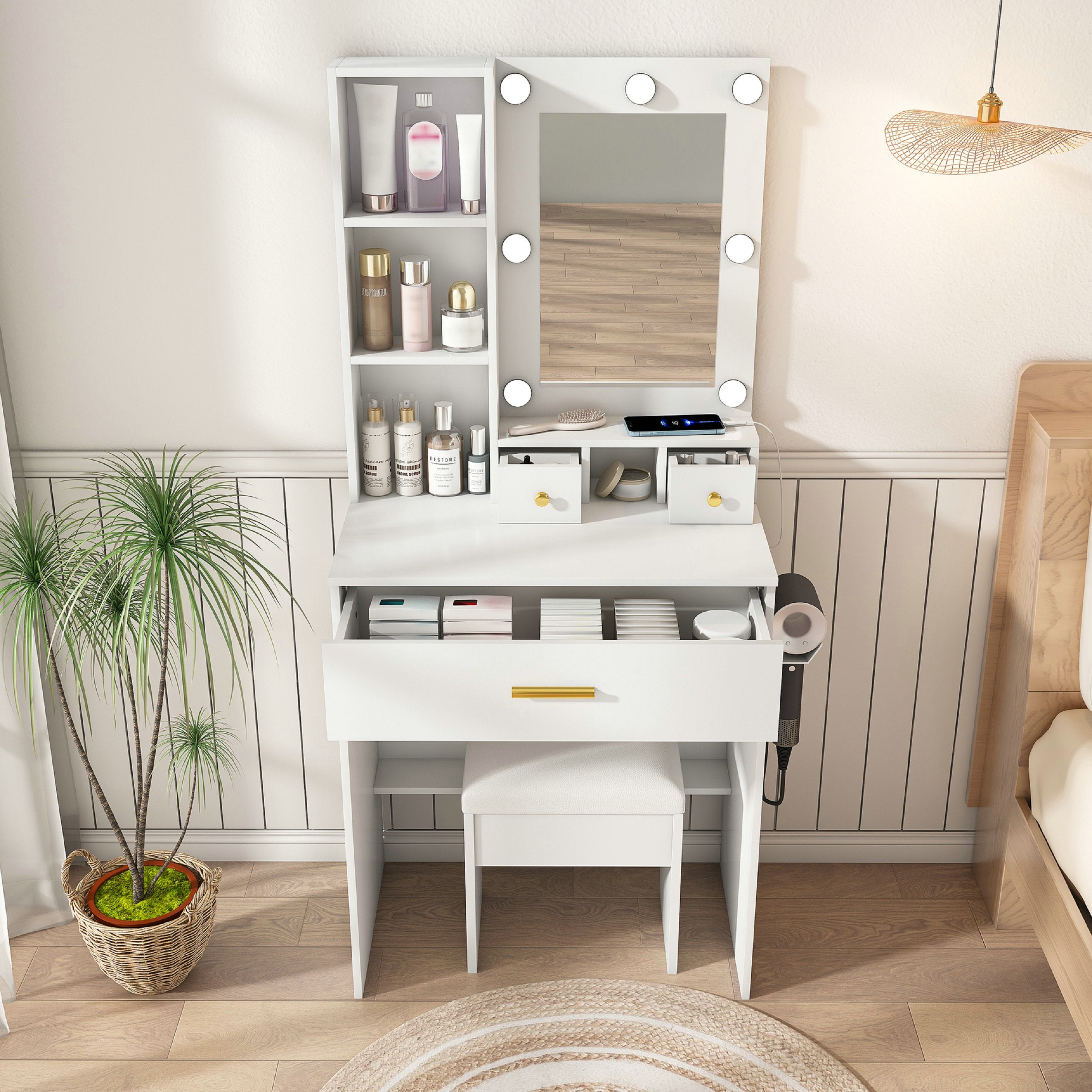 Petite Coiffeuse avec Miroir LED Réglable, Prise Intégrée, Support et Tabouret Rembourré - Table avec Tiroirs, Blanc, 60x131.5x38cm - 4