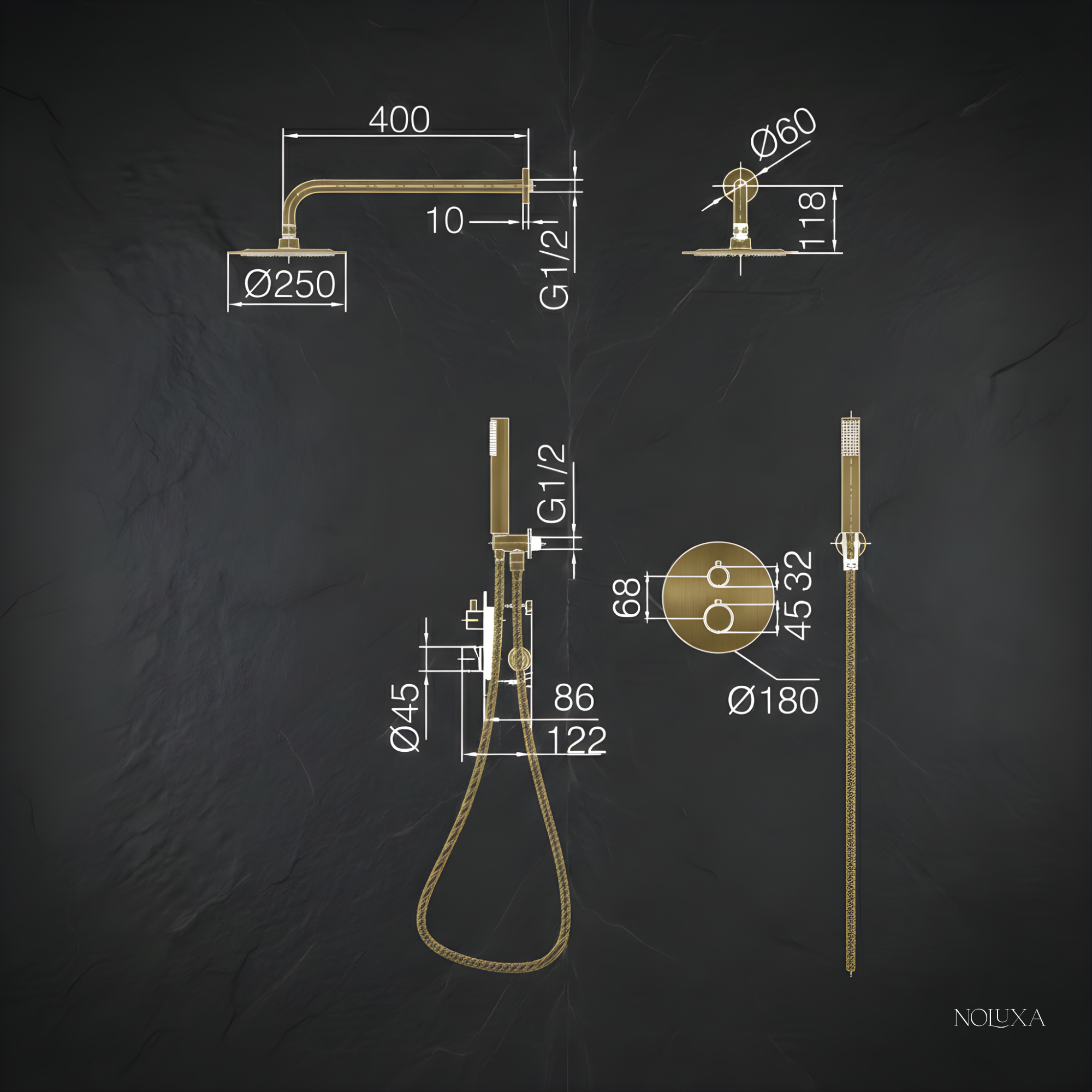 IMEX - Colonne de Douche Encastrée Thermostatique Salle de Bain Or Brossé | Colonne Douche Encastrable Laiton | Douche Anti Calcaire | Série Genova - 6