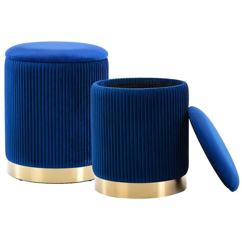 Set Pouf Contenitore Blu Velluto Sgabello Poggiapiedi Rotondo