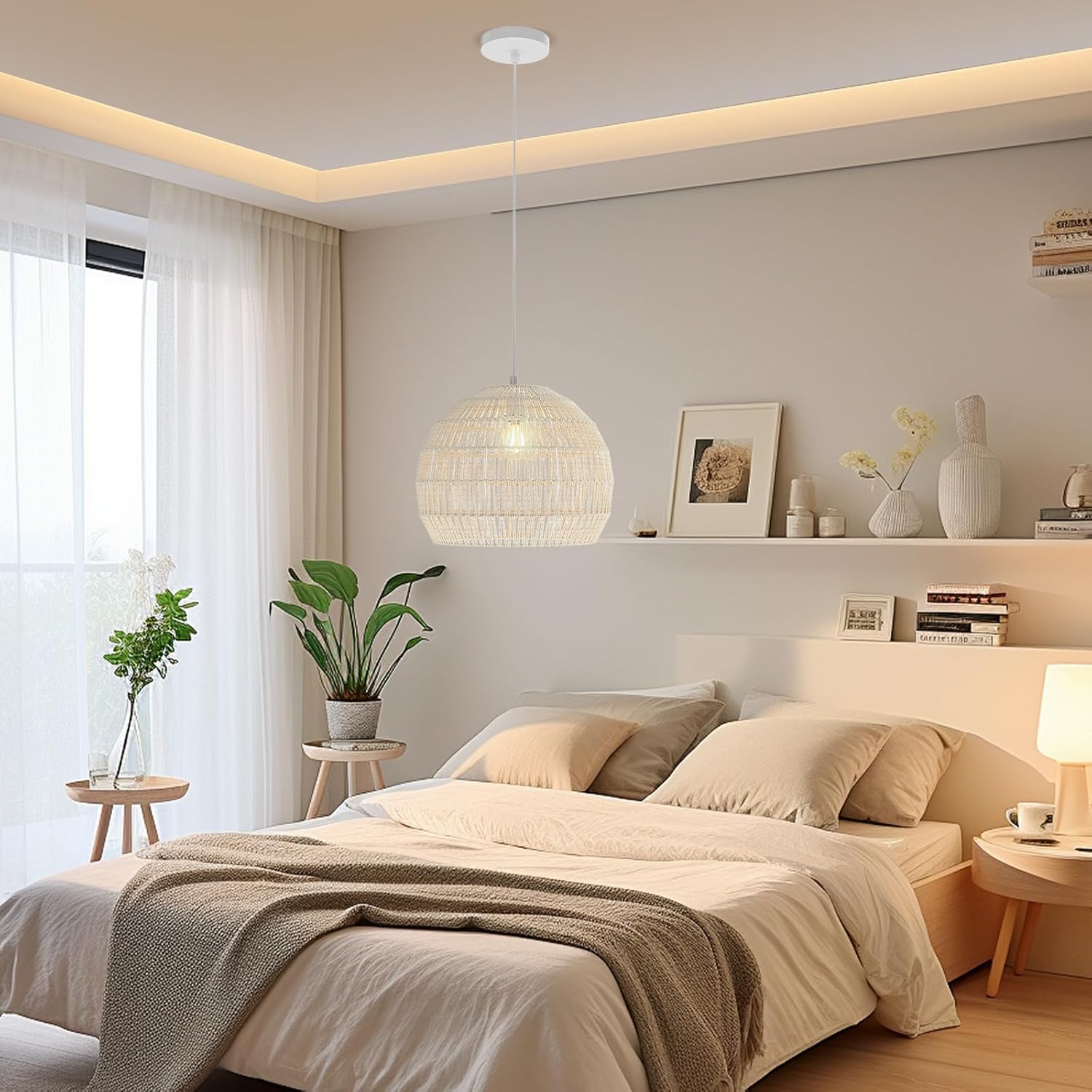 Lampa Wisząca Kulista 34 x 43 cm, Żyrandol do Salonu z Abażurem z Papieru Olejowanego, Regulowana Wysokość 30-150 cm, do Jadalni, Salonu (Beżowa)