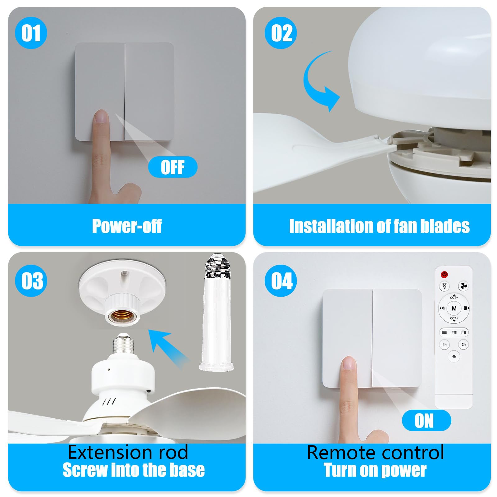 Ventilateur de plafond 52 cm avec rallonge et culot E27, petit ventilateur de plafond LED, trois températures de couleur,6 pales, 3 vitesses,minuterie - 7