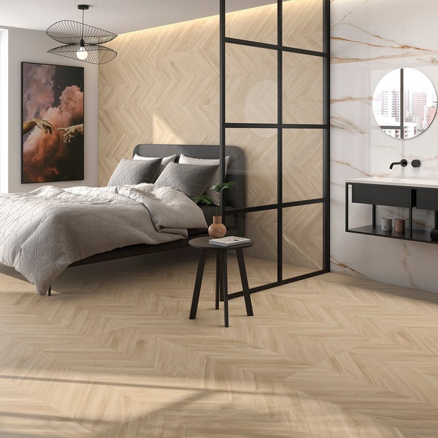 Carrelage sol imitation parquet Chevron sable 60x120 cm - Réflex Boutique