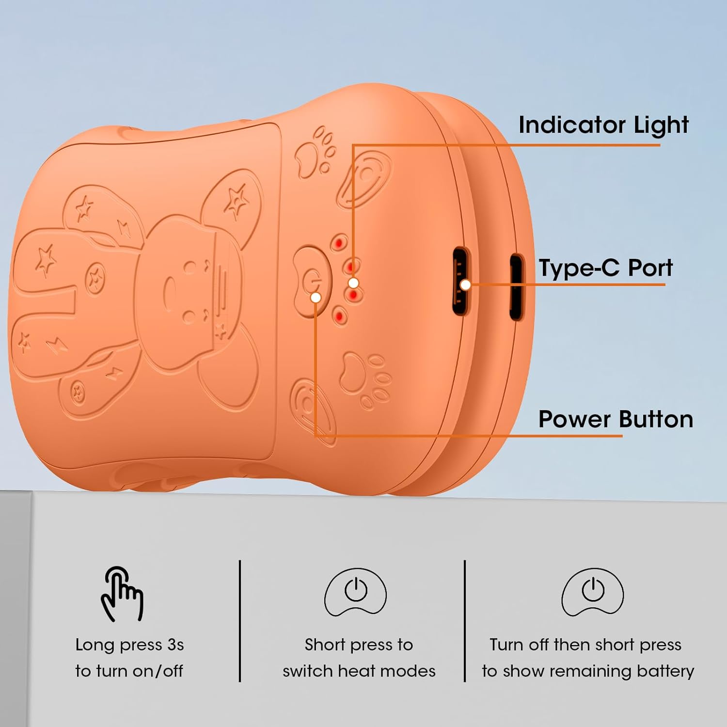 Scaldamani ricaricabili (confezione da 2), scaldamani elettrico 2 in 1, riscaldamento bifacciale, adatto per uomini e donne, arancione. - 5