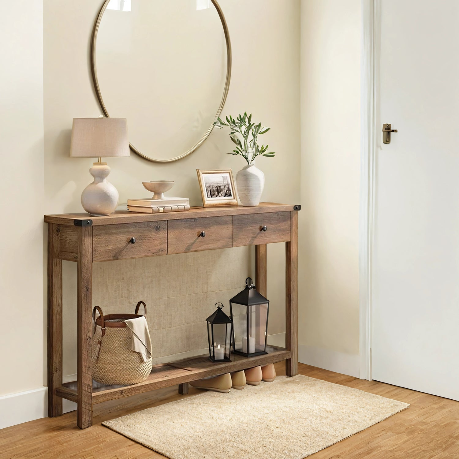 Table Console, Table d'Entrée avec 3 Tiroirs et Étagère de Rangement, pour Entrée, Salon, Style Campagnard, Marron - 2