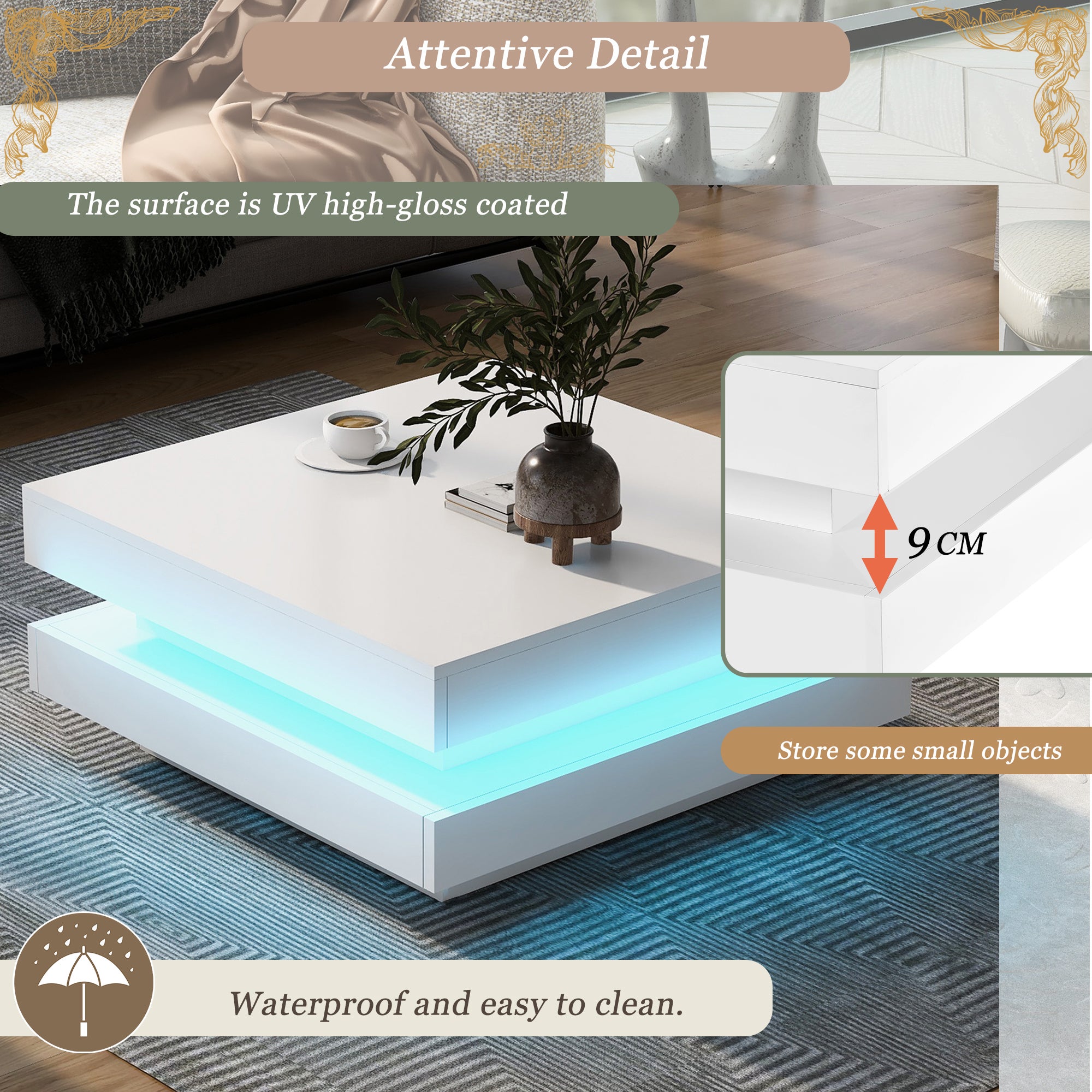 Stolik kawowy kwadratowy z obrotowym blatem - 70 x 70 x 36 cm - Diody LED - Płyta wiórowa - Biały - 6