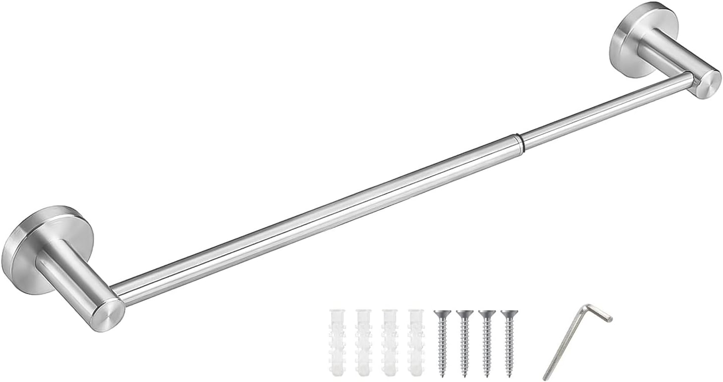 Regulowany wieszak na ręczniki łazienkowe - pojedynczy drążek teleskopowy ze stali ze śrubami - srebrny