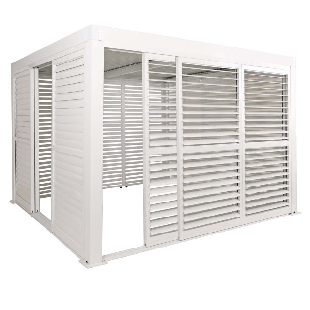 Pergola aluminiowa HWC-L46, dach patio pawilonu, 6x panel listwowy, 6x drzwi przesuwne, rama 11cm, 3x3m ~ biały