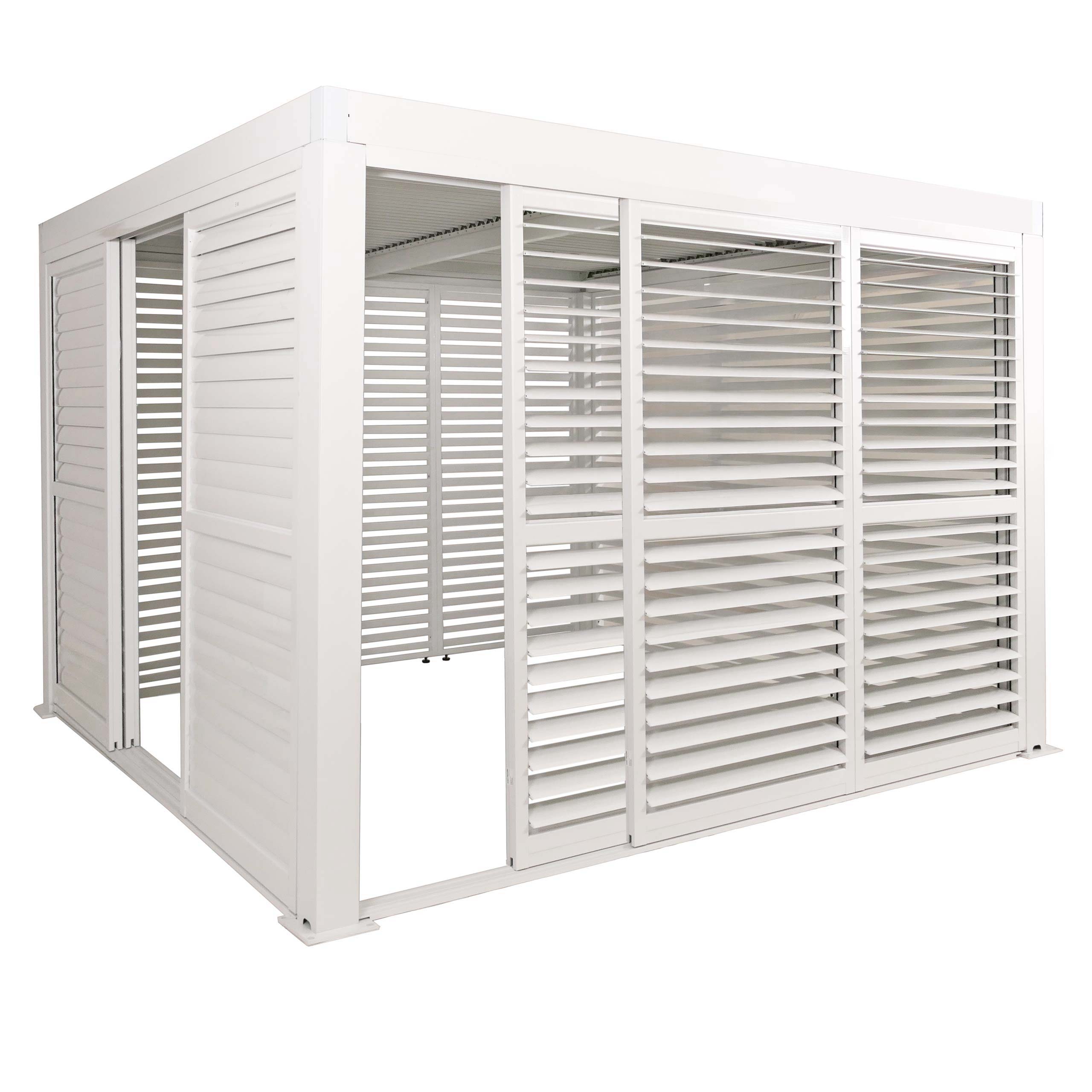 Pergola aluminiowa HWC-L46, dach patio pawilonu, 6x panel listwowy, 6x drzwi przesuwne, rama 11cm, 3x3m ~ biały