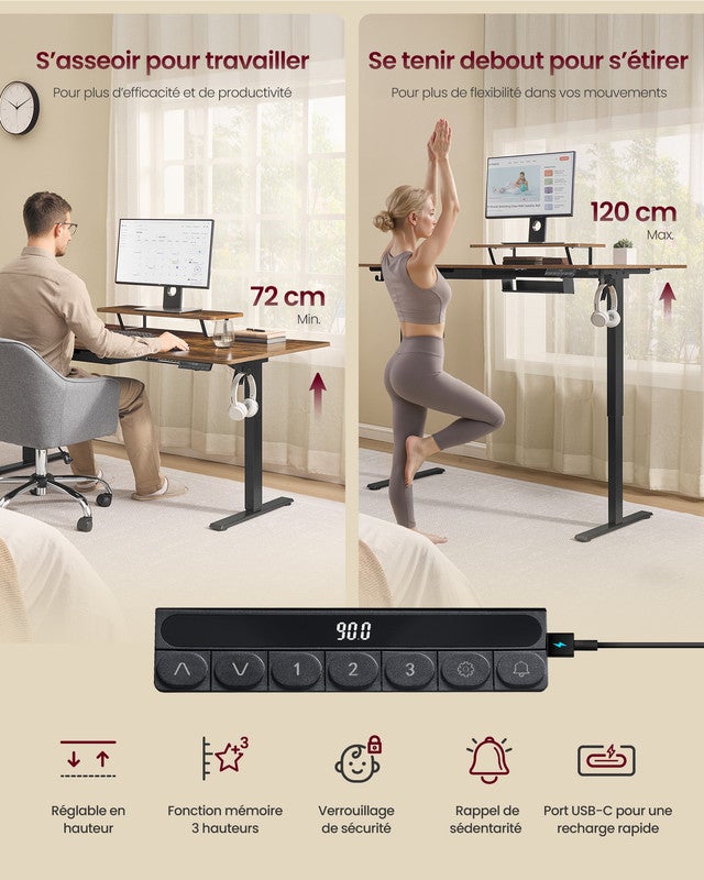 Bureau Électrique Réglable en Hauteur, 140 x 70 cm, Support d'Écran à Montage Flexible, Tiroir, Port USB-C, Rappel de Sédentarité, Marron Rustique - 6