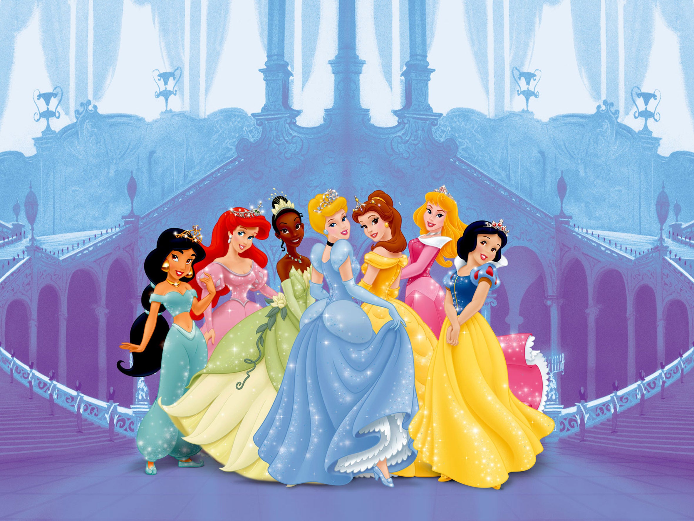 Fotomural princesas azul, rosa y morado - 360 x 254 cm - disney