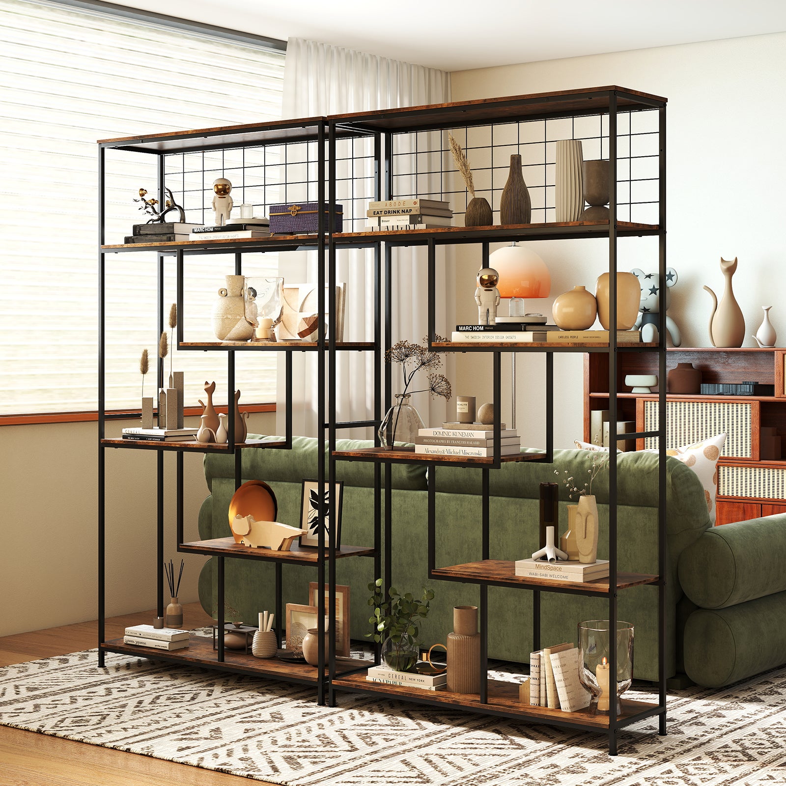 Support pour Plantes à 6 Niveaux, Bibliothèque Haute avec Filet en Métal, pour Salon Terrasse, 100 x 30 x 180 cm, Brun Rustique - 5