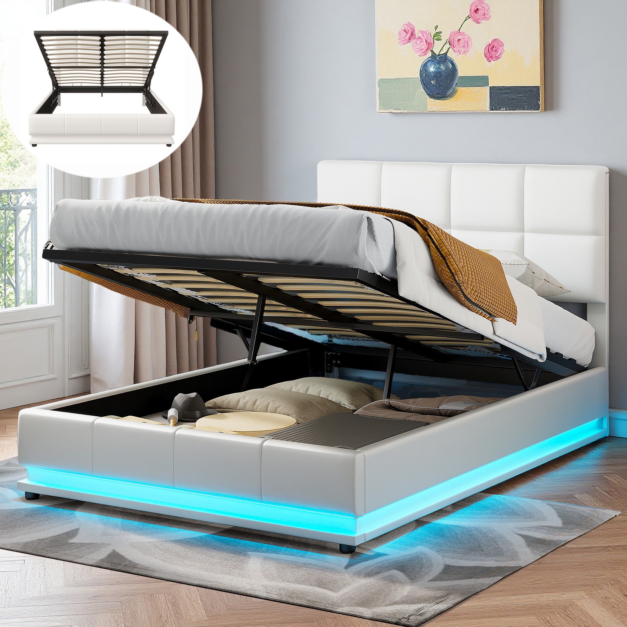 AOGLLATI Lit 140x190 Avec Sommier LED Réglable, Multiprise Et Rangement - Cadre Métal Et Tête De Lit Capitonnée - Sans Matelas