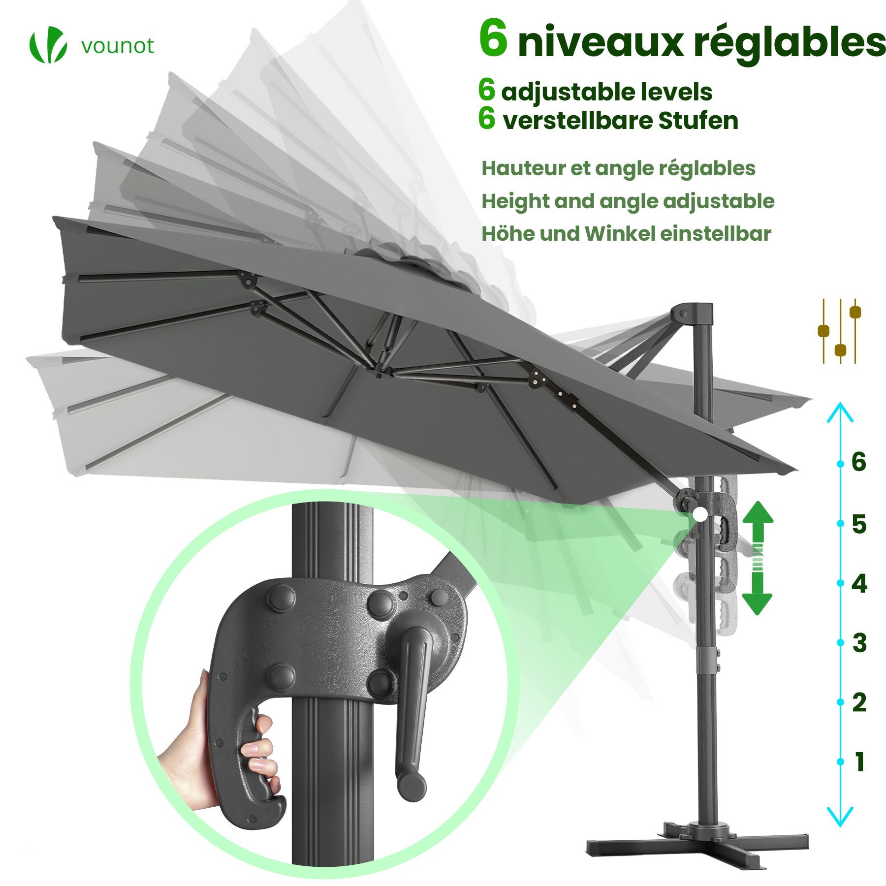 Parasol déporté carré premium 3x3M gris avec housse - 8 baleines - inclinable 6 positions - rotatif 360° - imperméable - VOUNOT® - 6