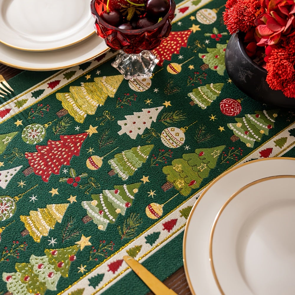 Runner Da Tavolo Natalizio In Ciniglia Con Pompon – Tovaglia Lunga Motivi Albero E Cervi, Elegante Decorazione Tavola Natale (33x200 Cm)