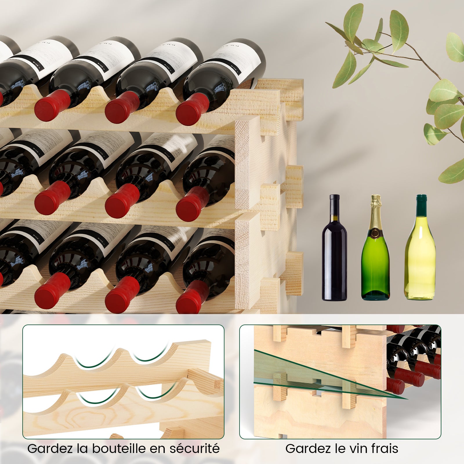 Lenmar RW-STK Portabottiglie In Legno 6 Livelli - Capacità 48/60 Bottiglie, Beige, Scaffale Decorativo Per Cantina E Soggiorno