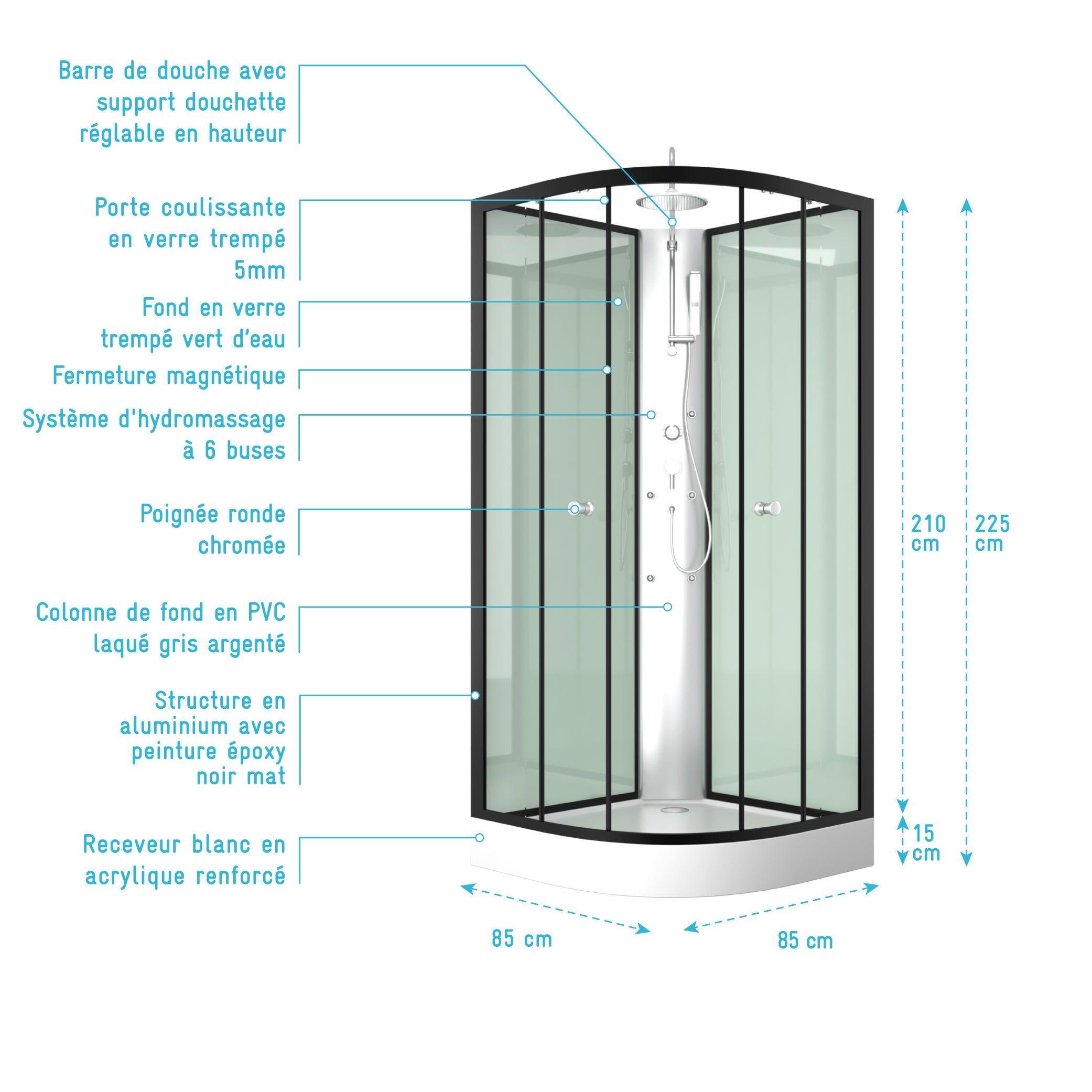 Cabine de douche 85x85x225cm 1/4 de cercle - ZEENY - 4